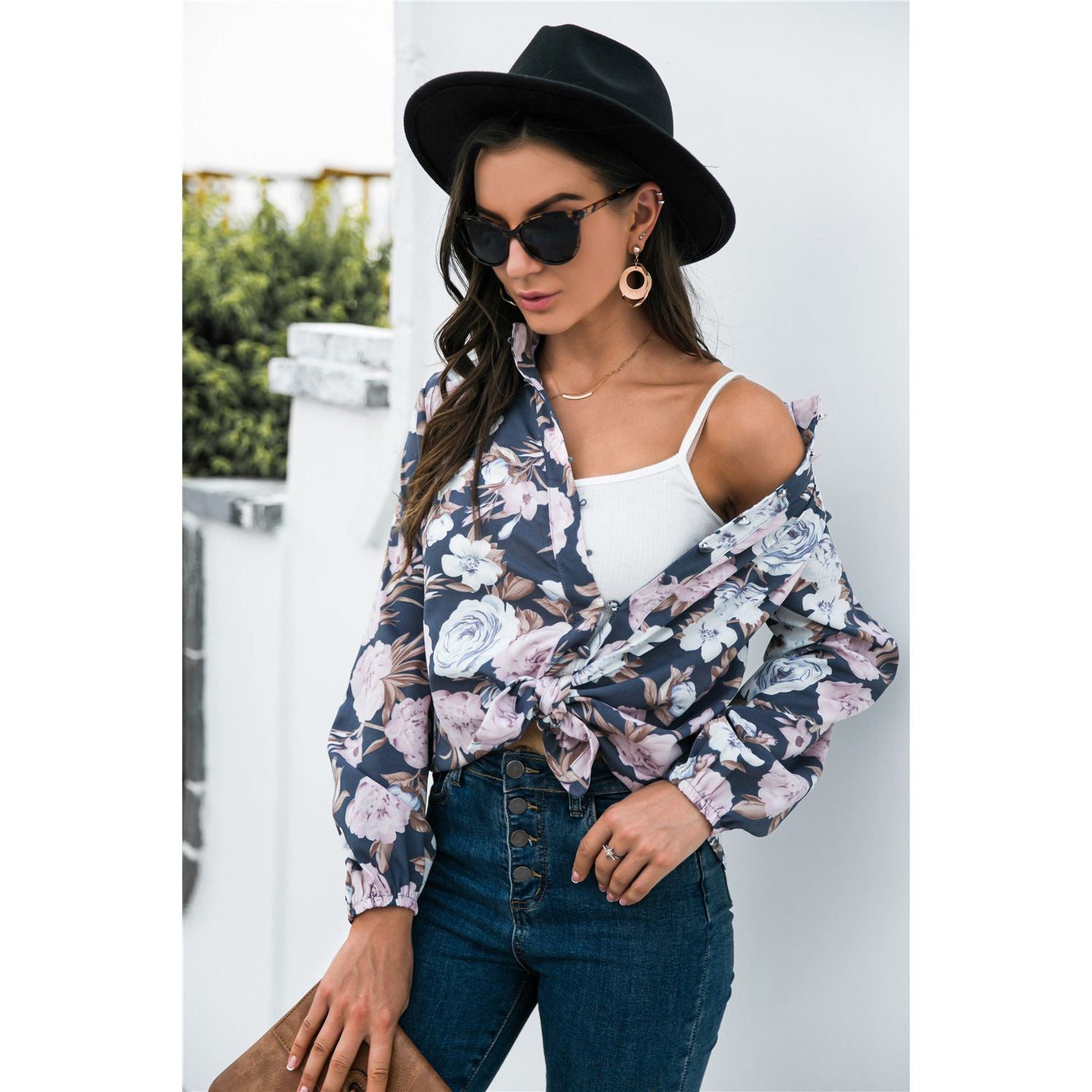 Floral Print Mock Neck Button Front Shirt