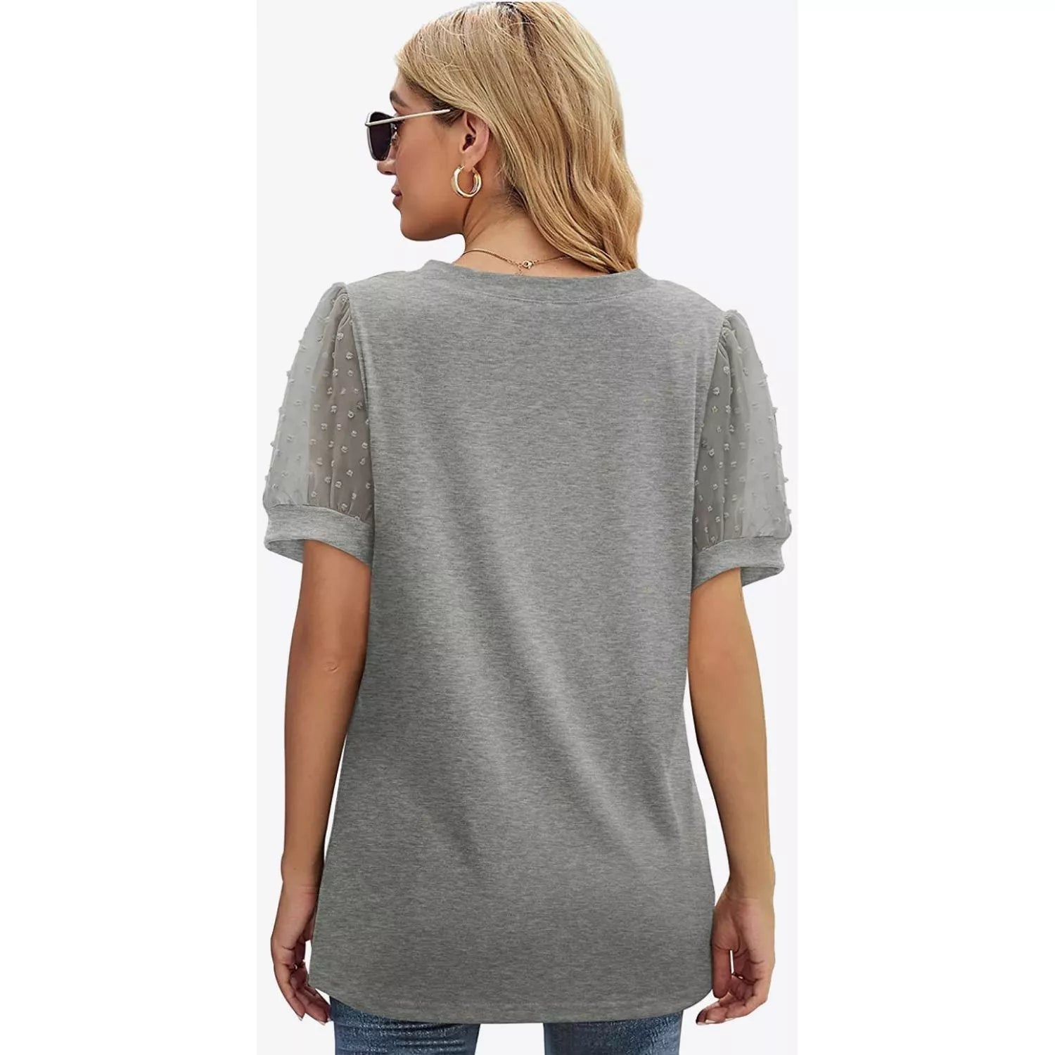 Swiss Dot Puff Sleeve V-Neck Tee