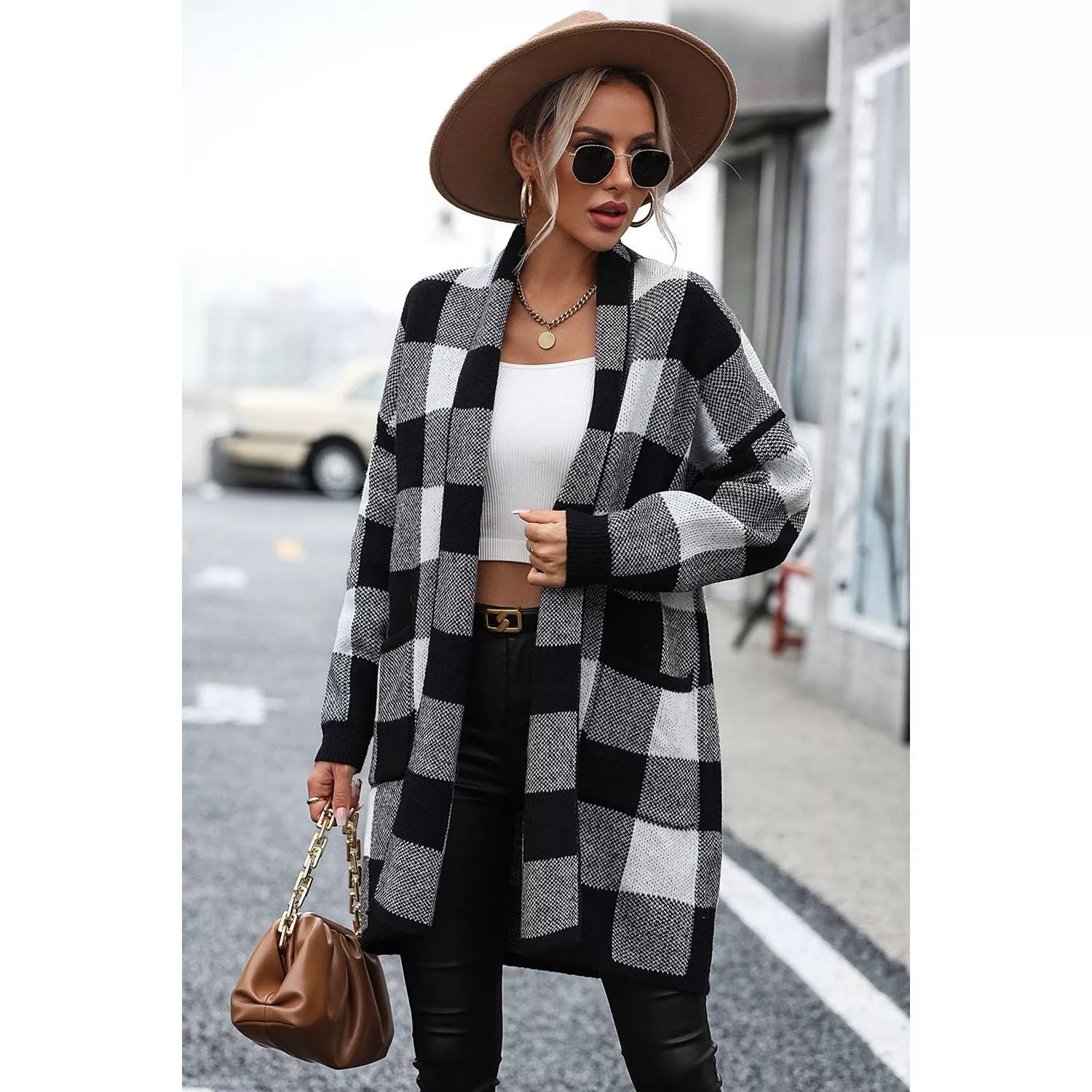 Plaid Dropped Shoulder Cardigan with Pocket