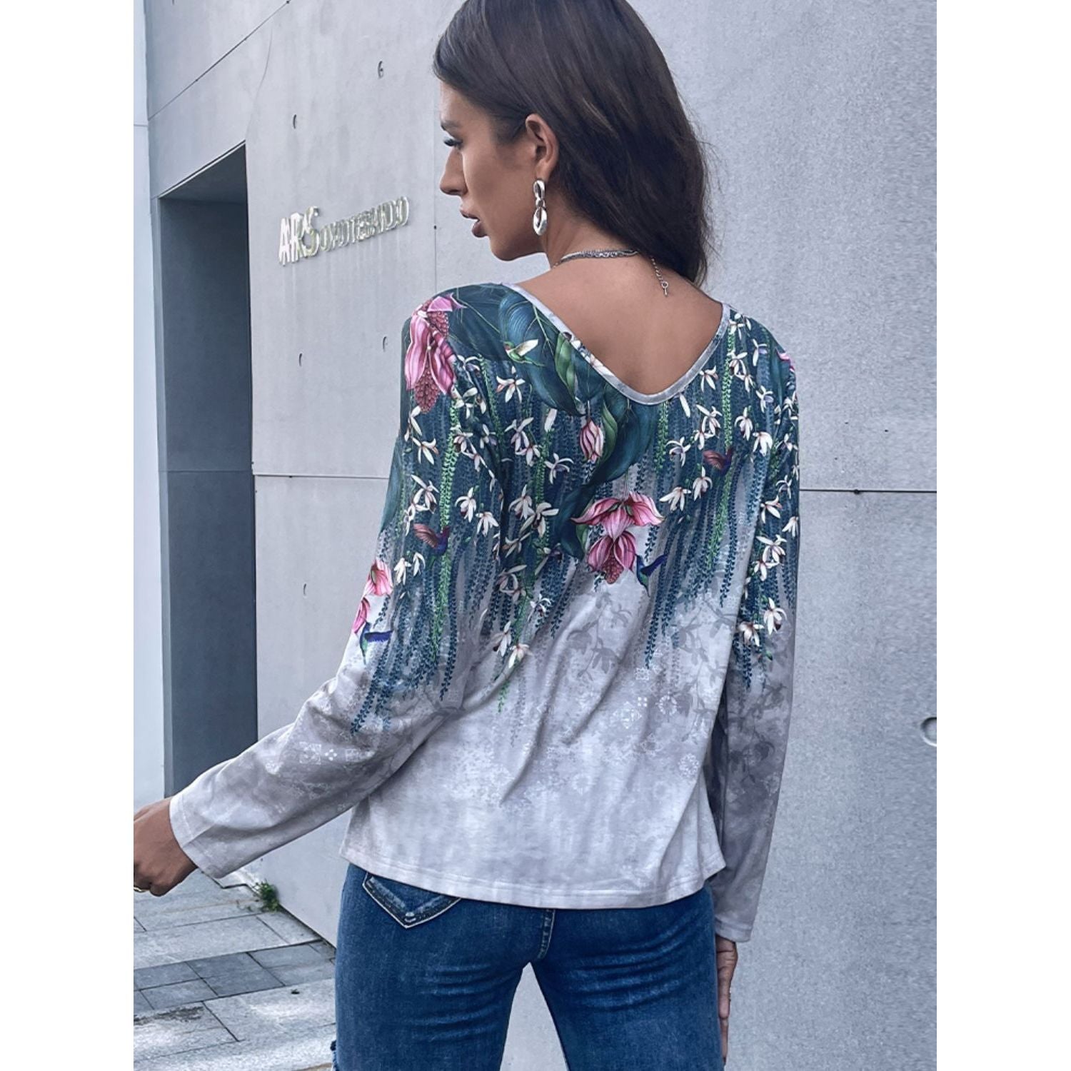 Floral V-Neck Long Sleeve Tee