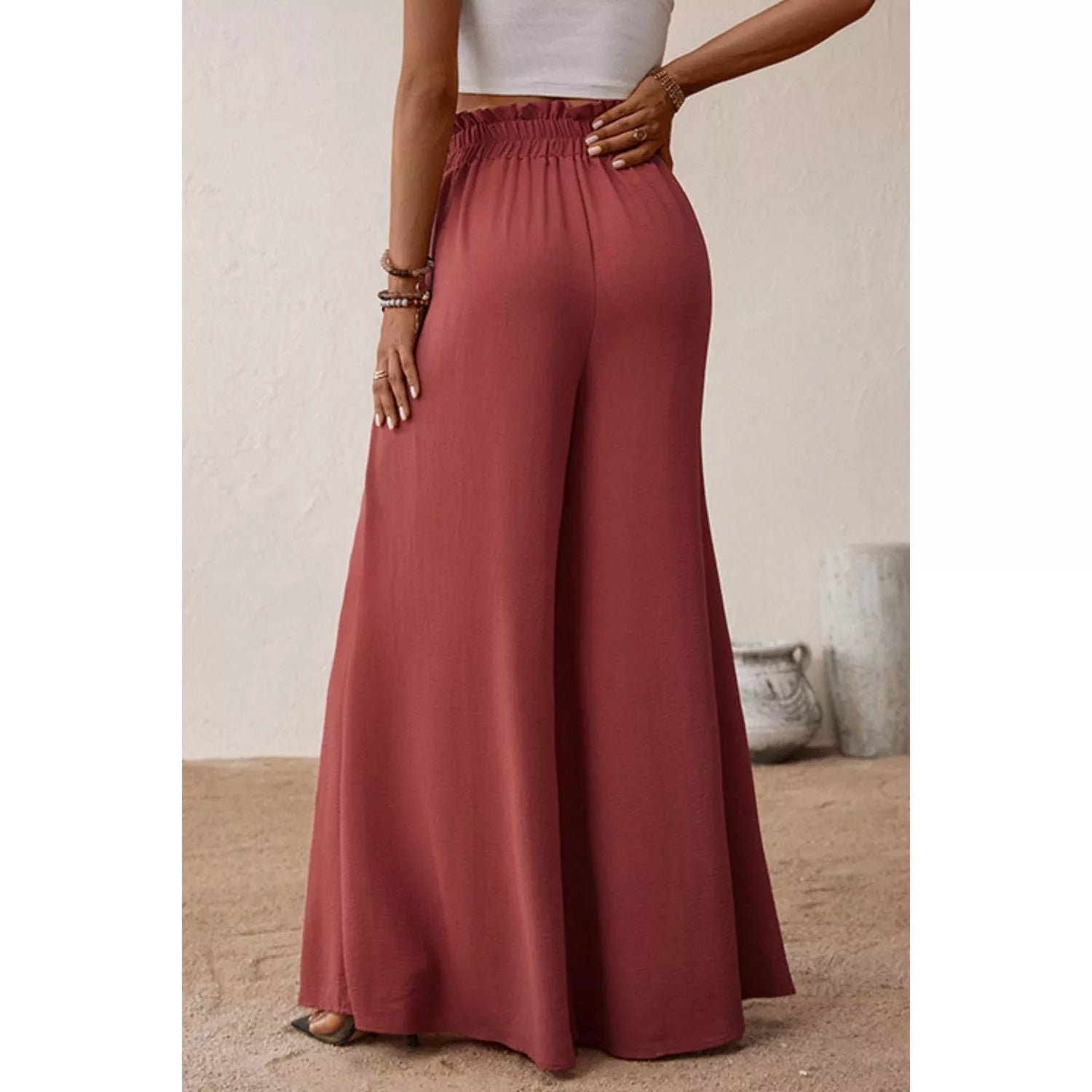 Smocked Paperbag Waist Wide Leg Pants