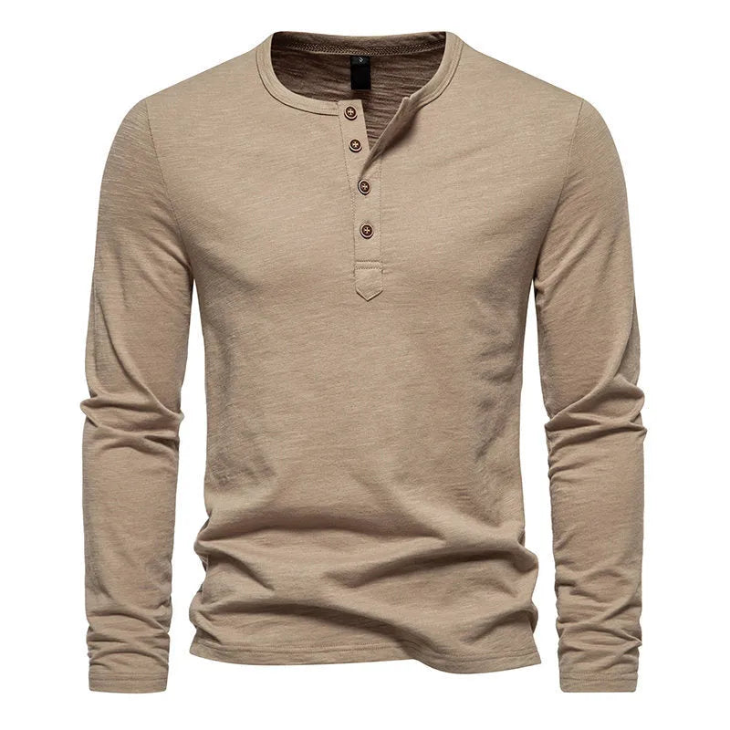 Long Sleeve Tee, Winter New Long Sleeve T-shirt Men's Bamboo Cotton Solid Color Four Button Henry Collar Long Sleeve T-shirt Men