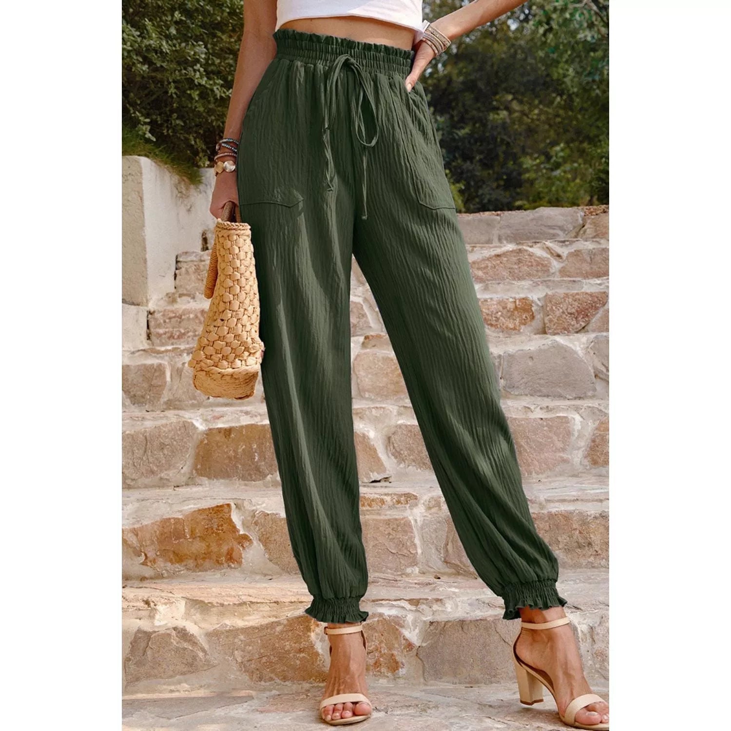 Textured Smocked Waist Pants with Pockets