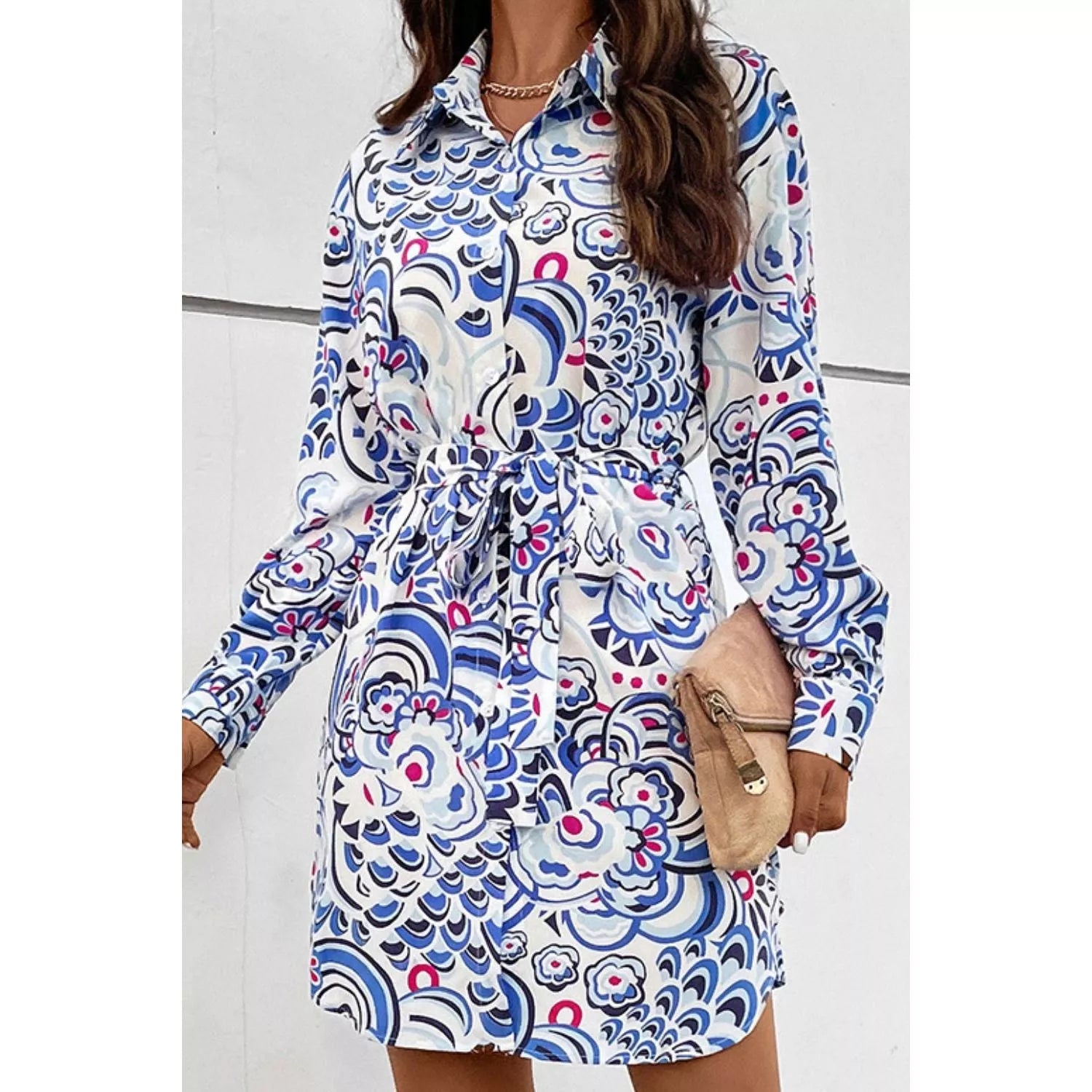 Printed Collared Neck Tie Waist Long Sleeve Dress