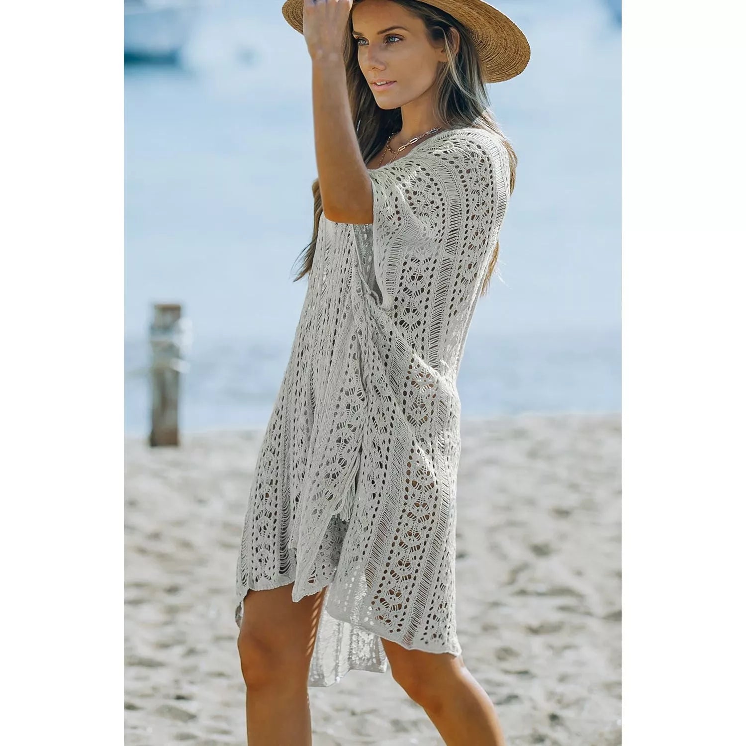 Openwork V-Neck Slit Cover Up