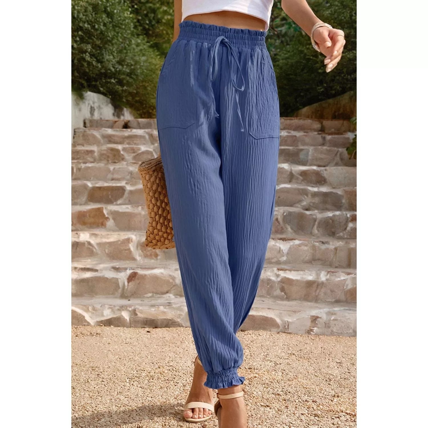 Textured Smocked Waist Pants with Pockets