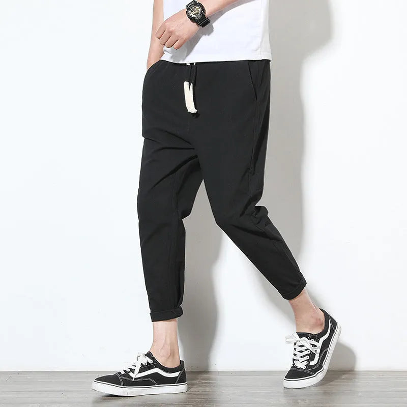 Trousers, Cotton linen black men's harem pants