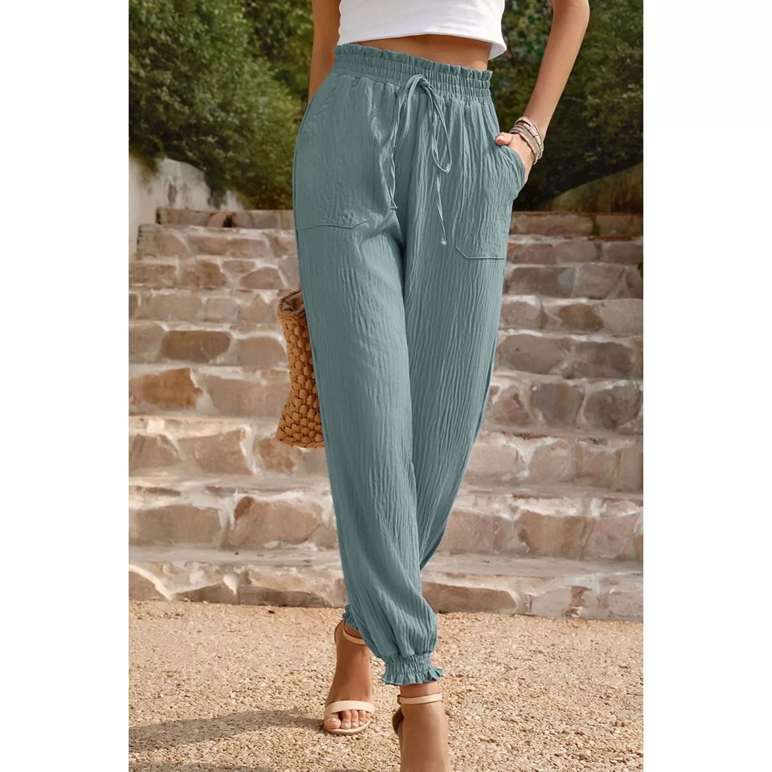 Textured Smocked Waist Pants with Pockets