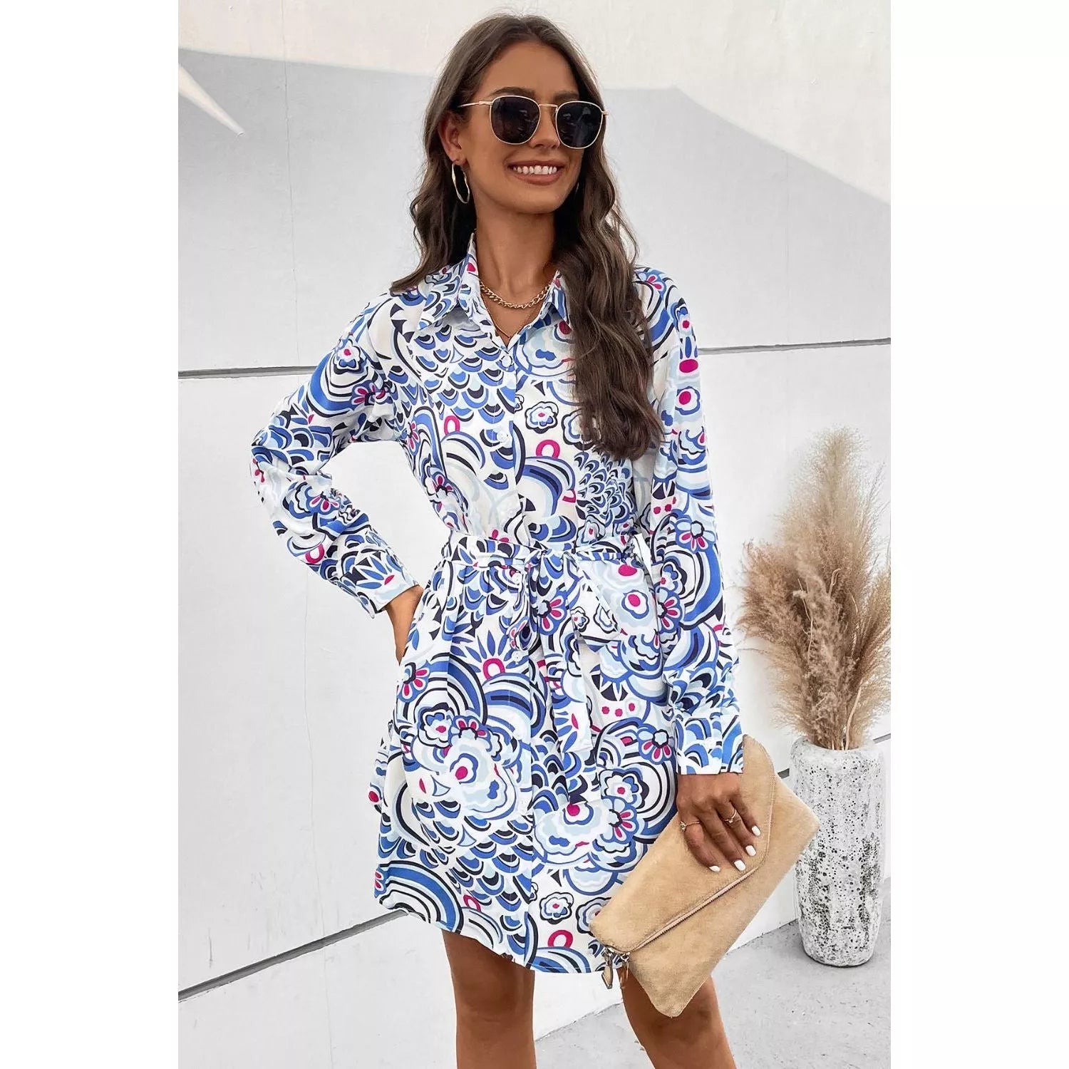 Printed Collared Neck Tie Waist Long Sleeve Dress