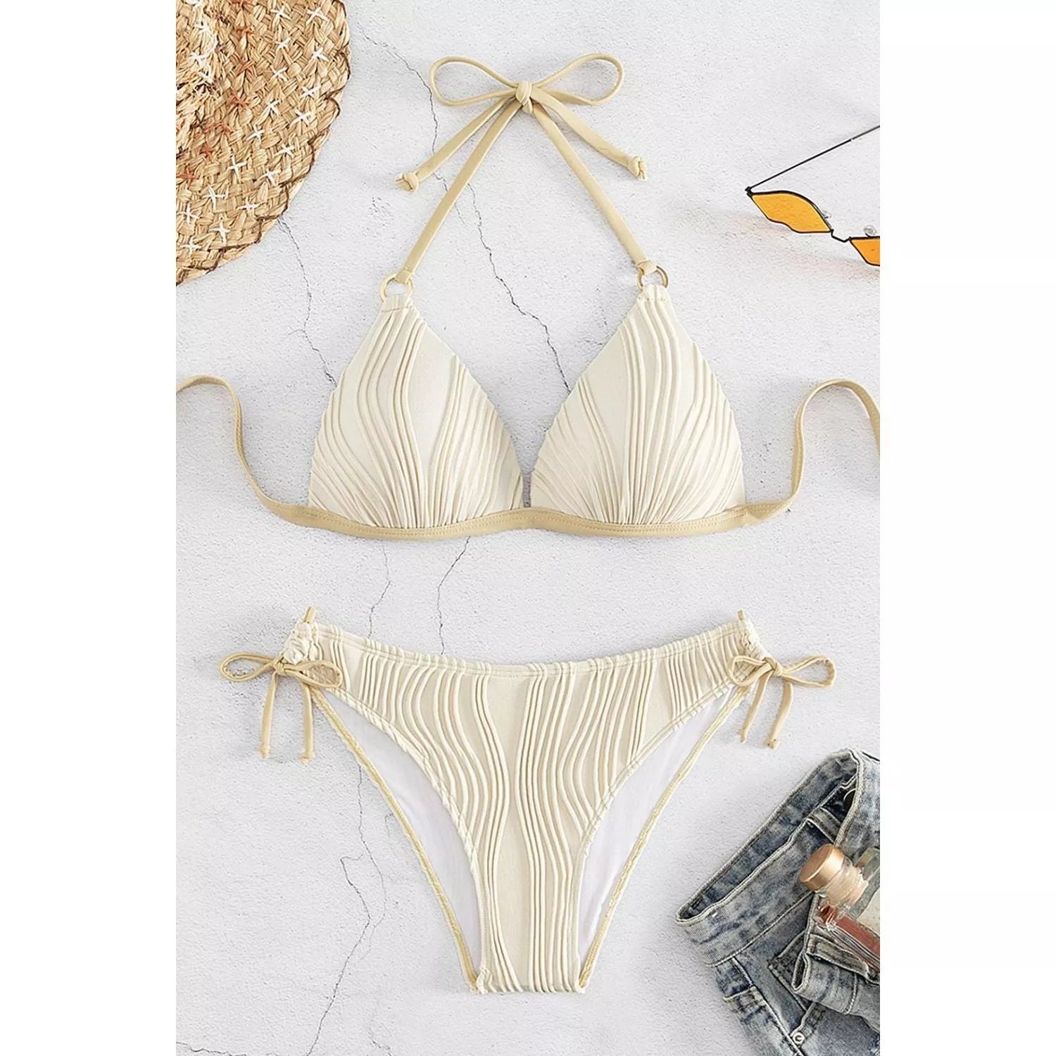 Textured Halter Neck Bikini Set