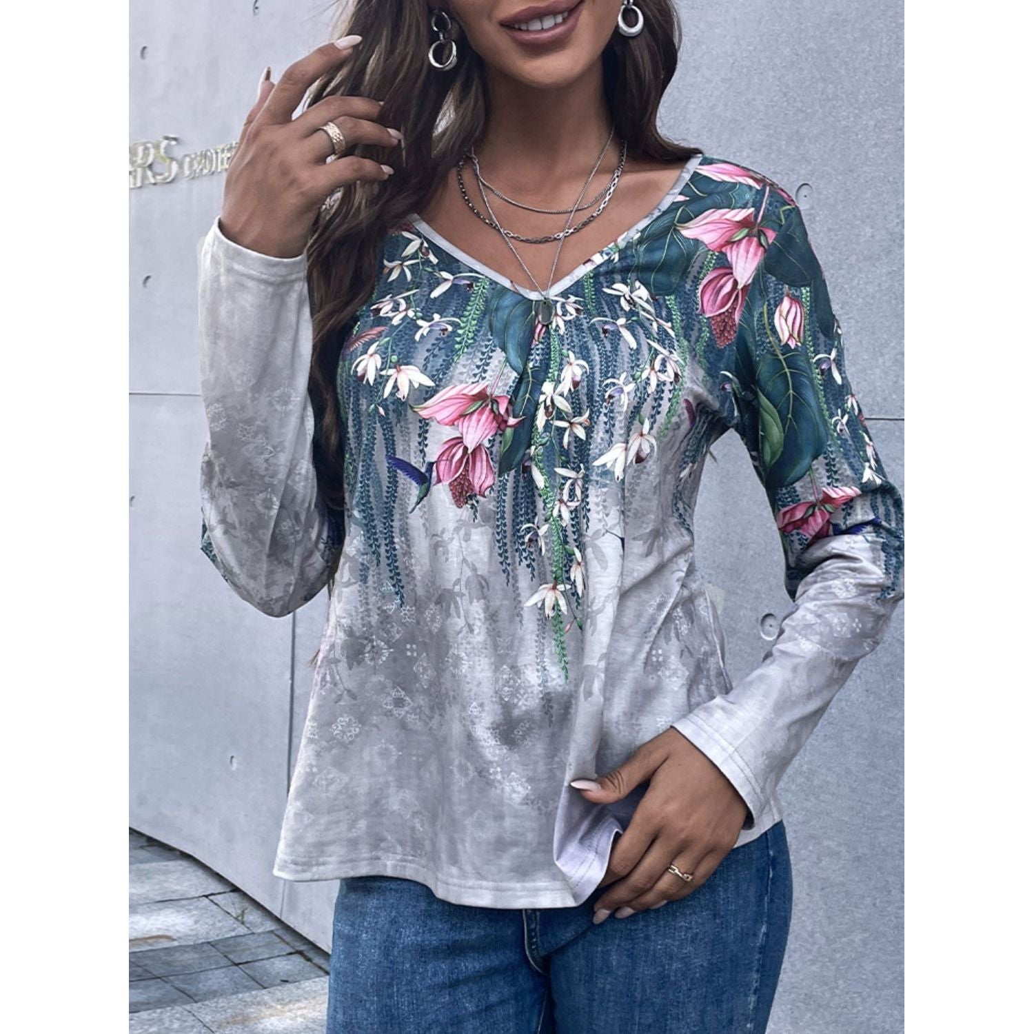 Floral V-Neck Long Sleeve Tee