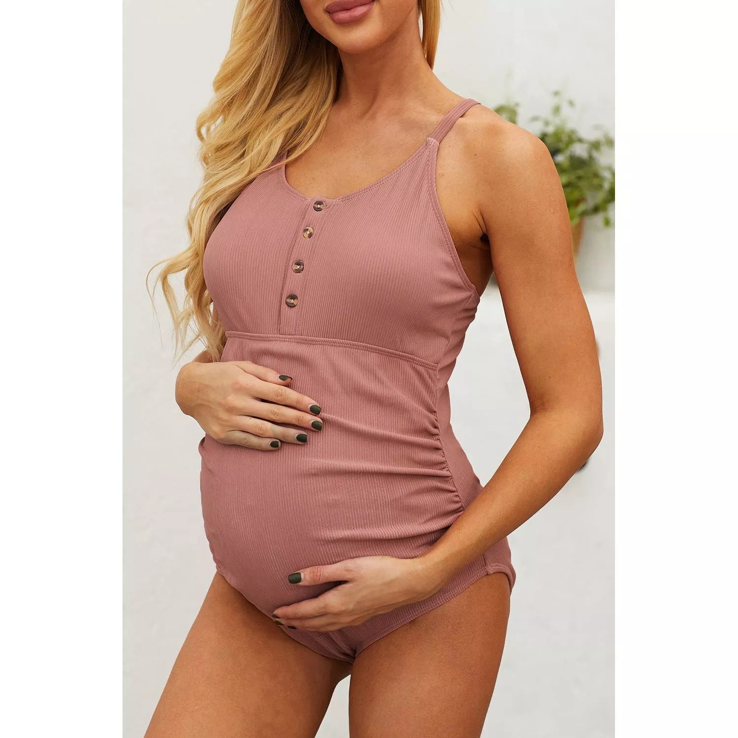 Ribbed Spaghetti Strap One-Piece Maternity Swimsuit