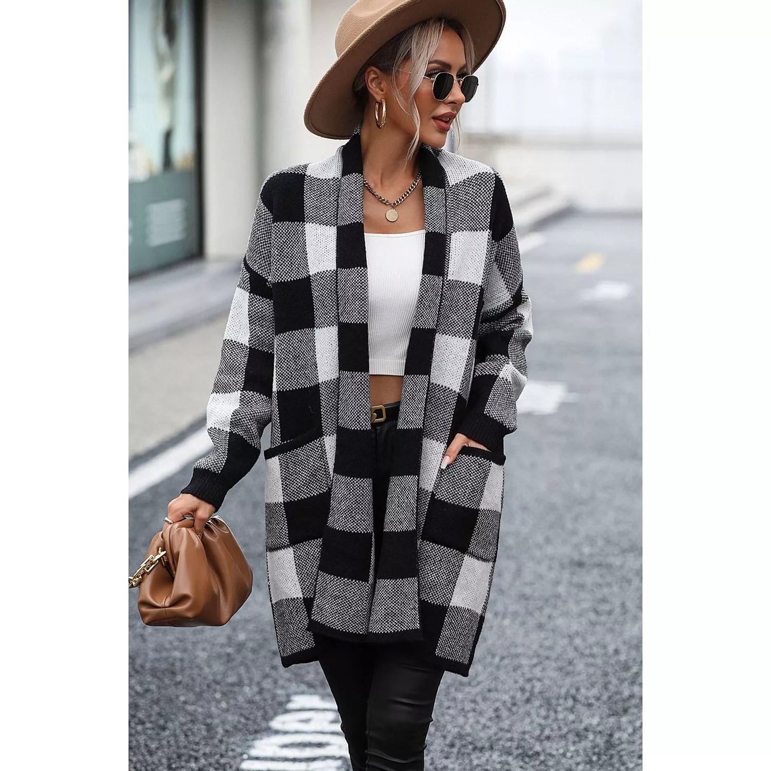 Plaid Dropped Shoulder Cardigan with Pocket