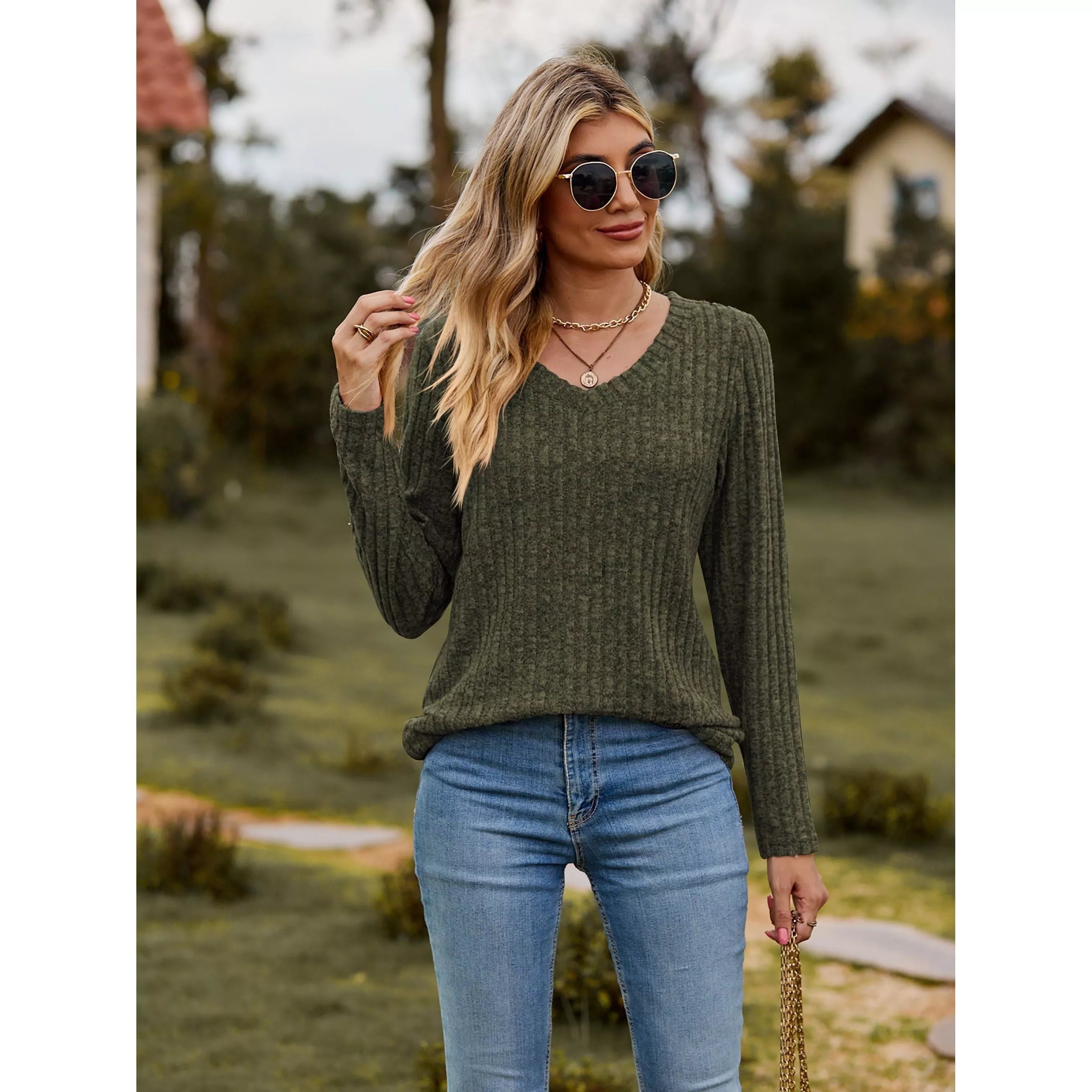 Ribbed V-Neck Long Sleeve Tee