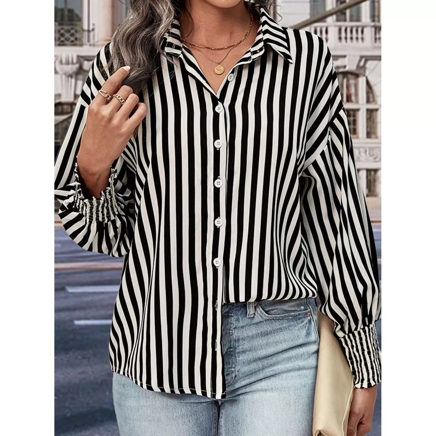 Striped Dropped Shoulder Smocked Wristband Shirt