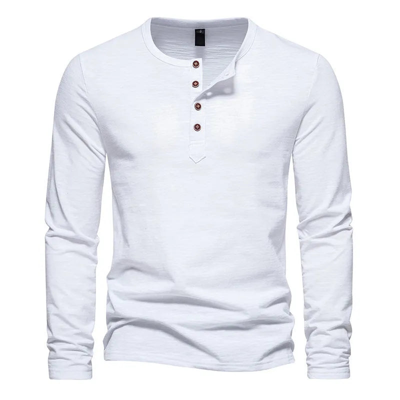 Long Sleeve Tee, Winter New Long Sleeve T-shirt Men's Bamboo Cotton Solid Color Four Button Henry Collar Long Sleeve T-shirt Men