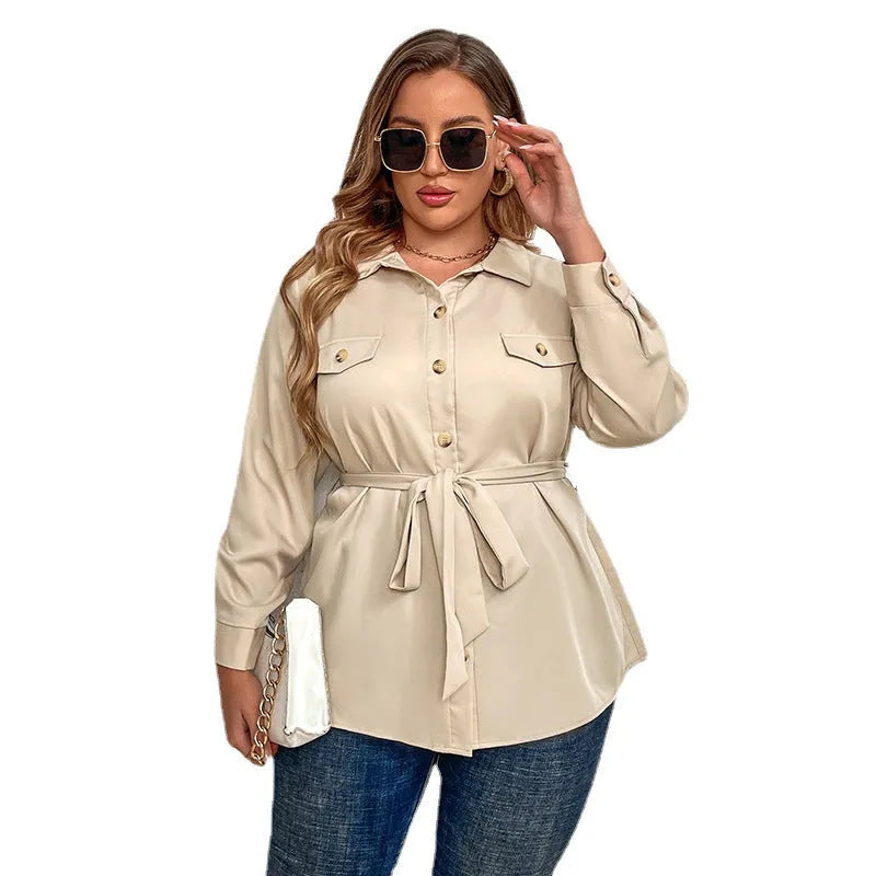 Tops & Blouses, Women's Plus Size Tie Belt Long Sleeve Shirt