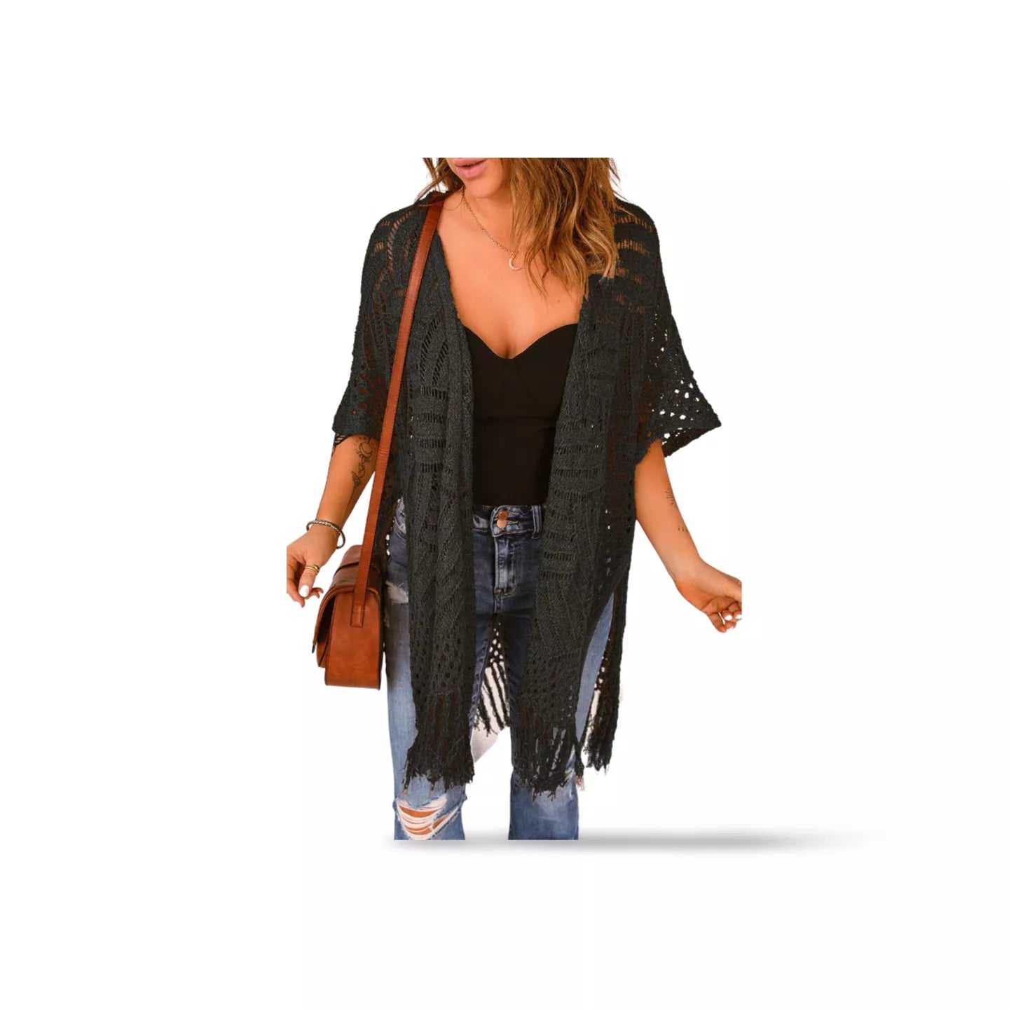 Fringe Hem Slit Open Front Cardigan