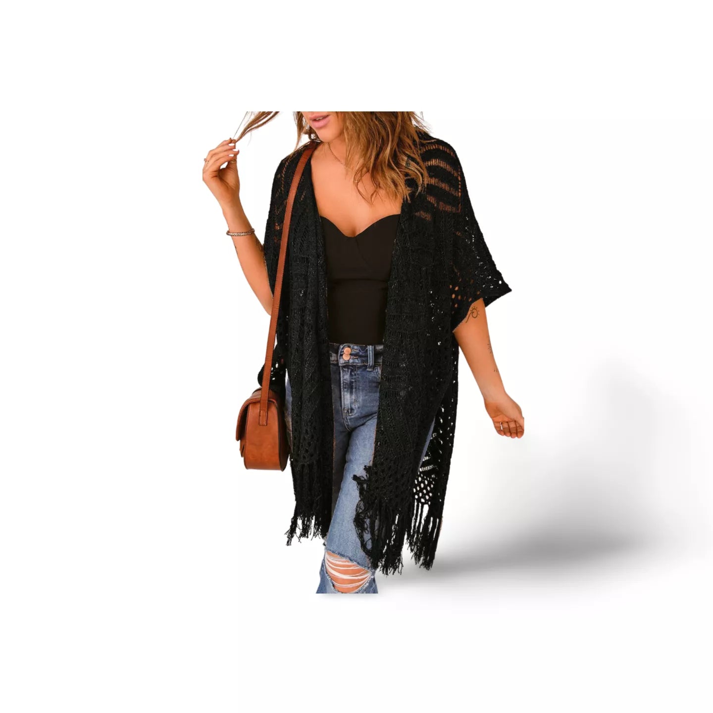 Fringe Hem Slit Open Front Cardigan