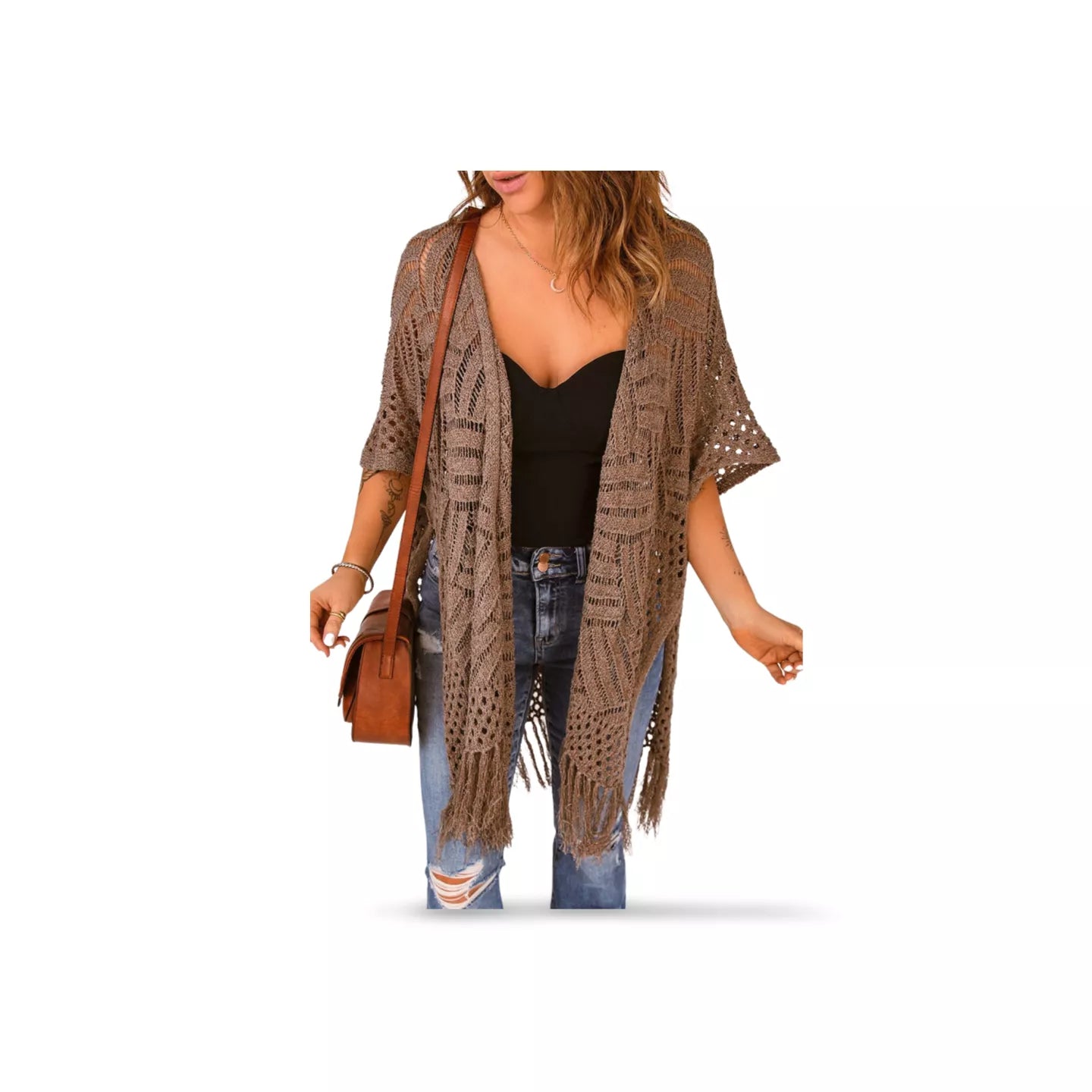 Fringe Hem Slit Open Front Cardigan