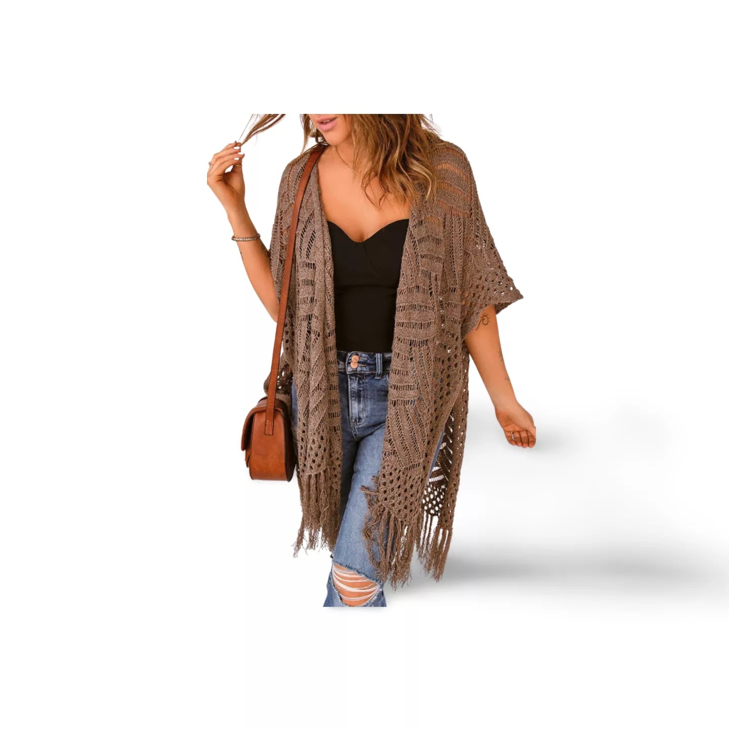 Fringe Hem Slit Open Front Cardigan