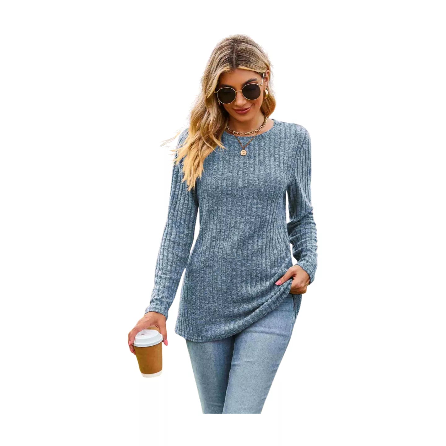 Ribbed Round Neck Long Sleeve Tee