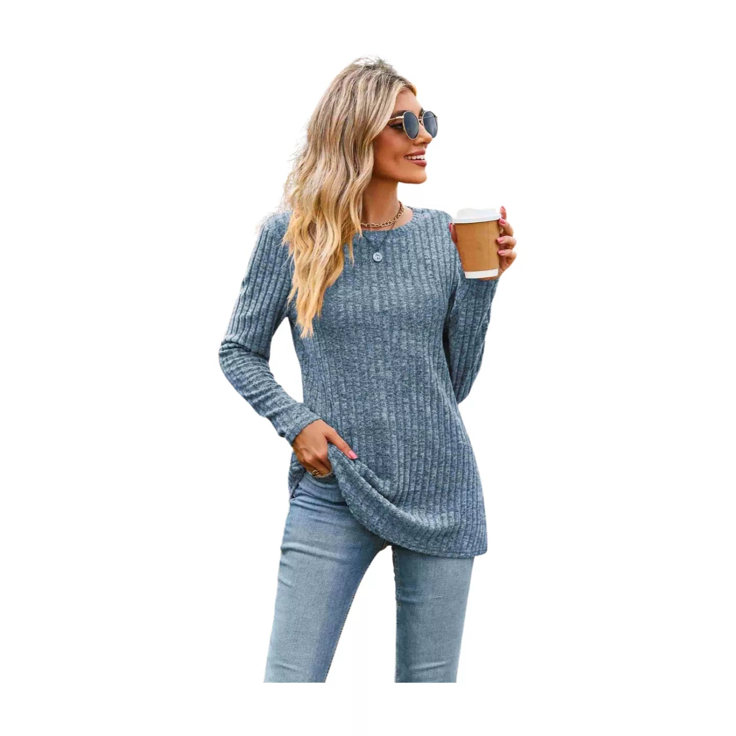 Ribbed Round Neck Long Sleeve Tee