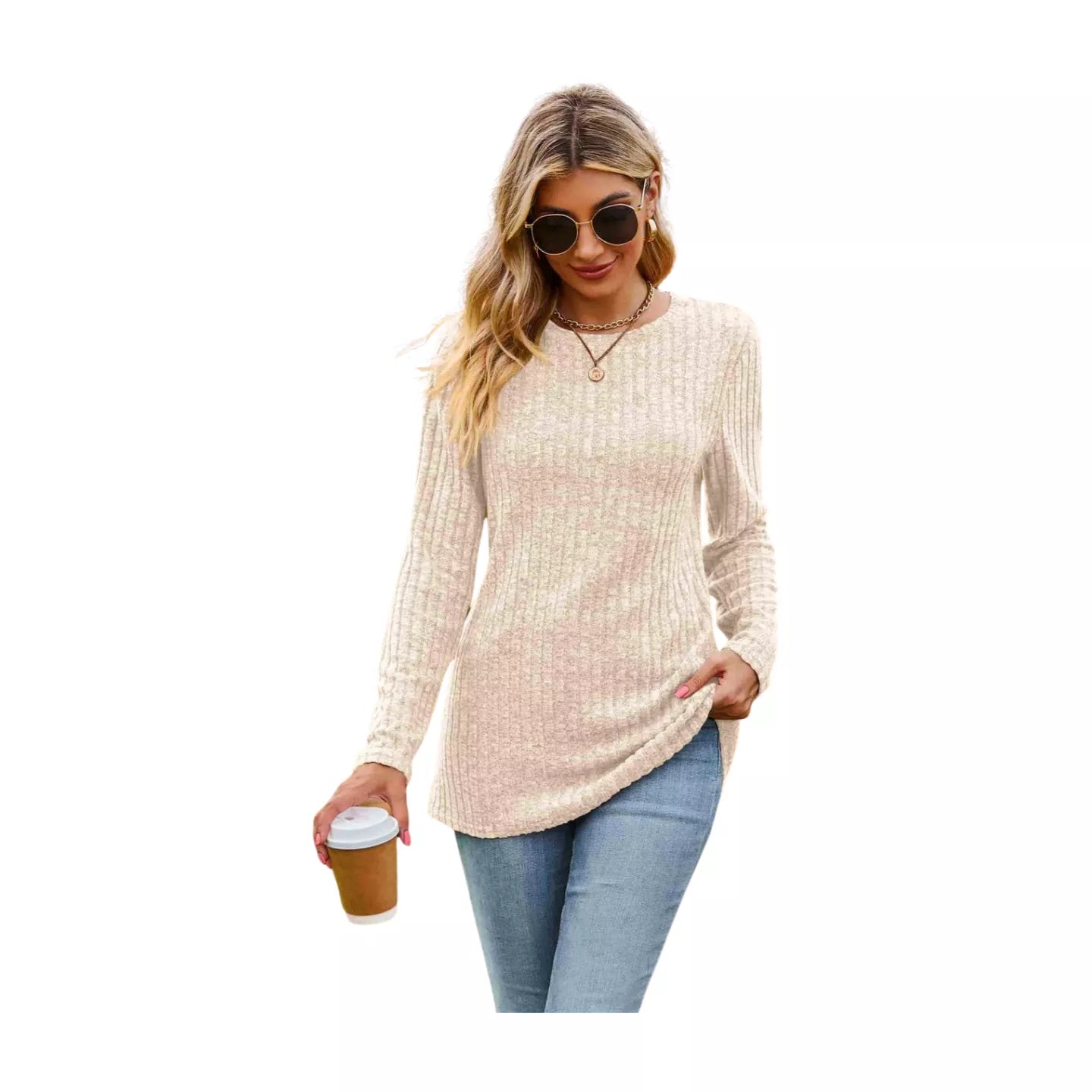 Ribbed Round Neck Long Sleeve Tee