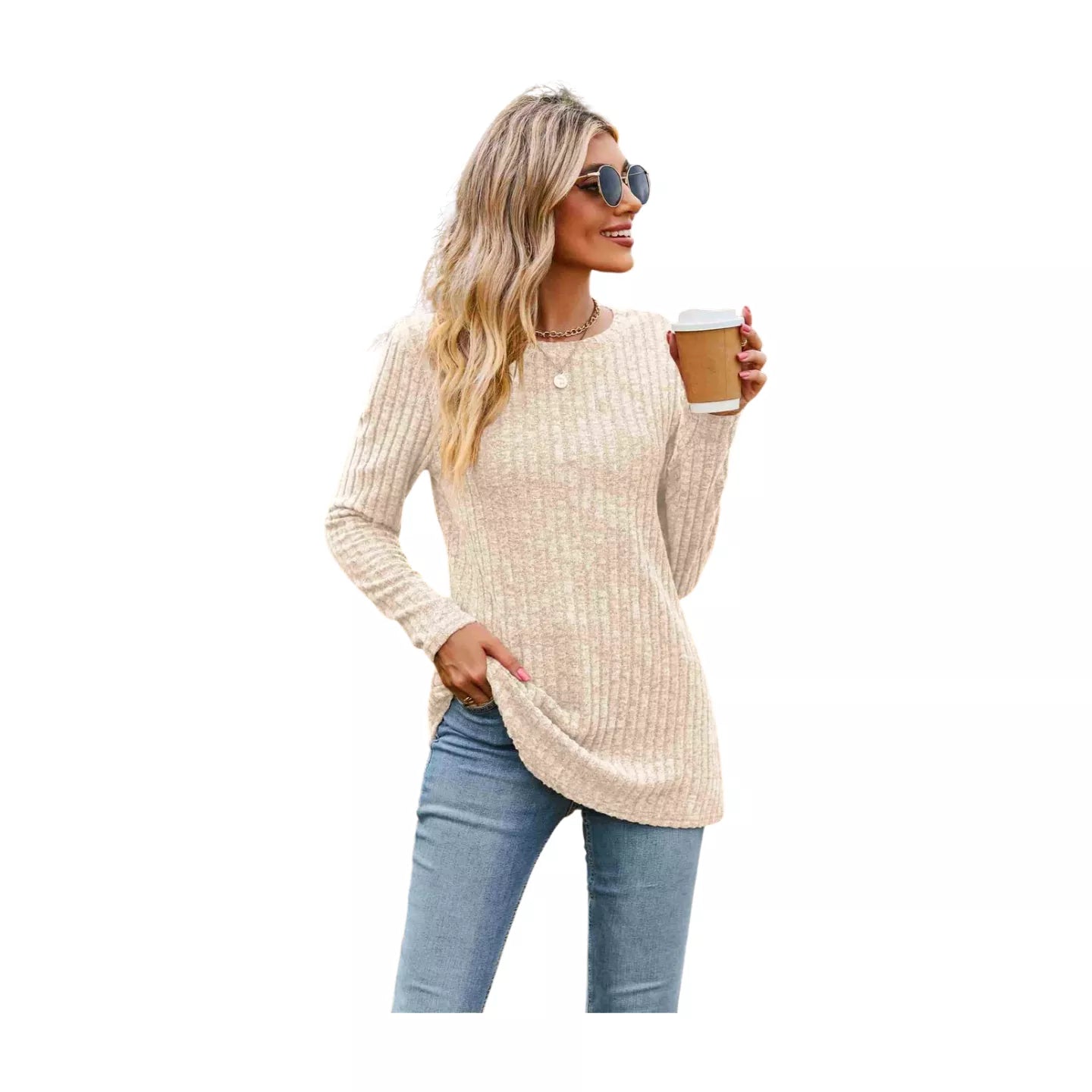 Ribbed Round Neck Long Sleeve Tee