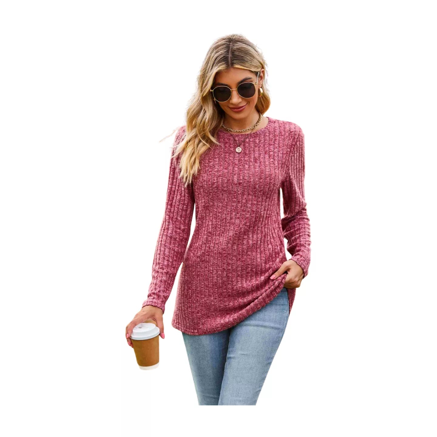 Ribbed Round Neck Long Sleeve Tee