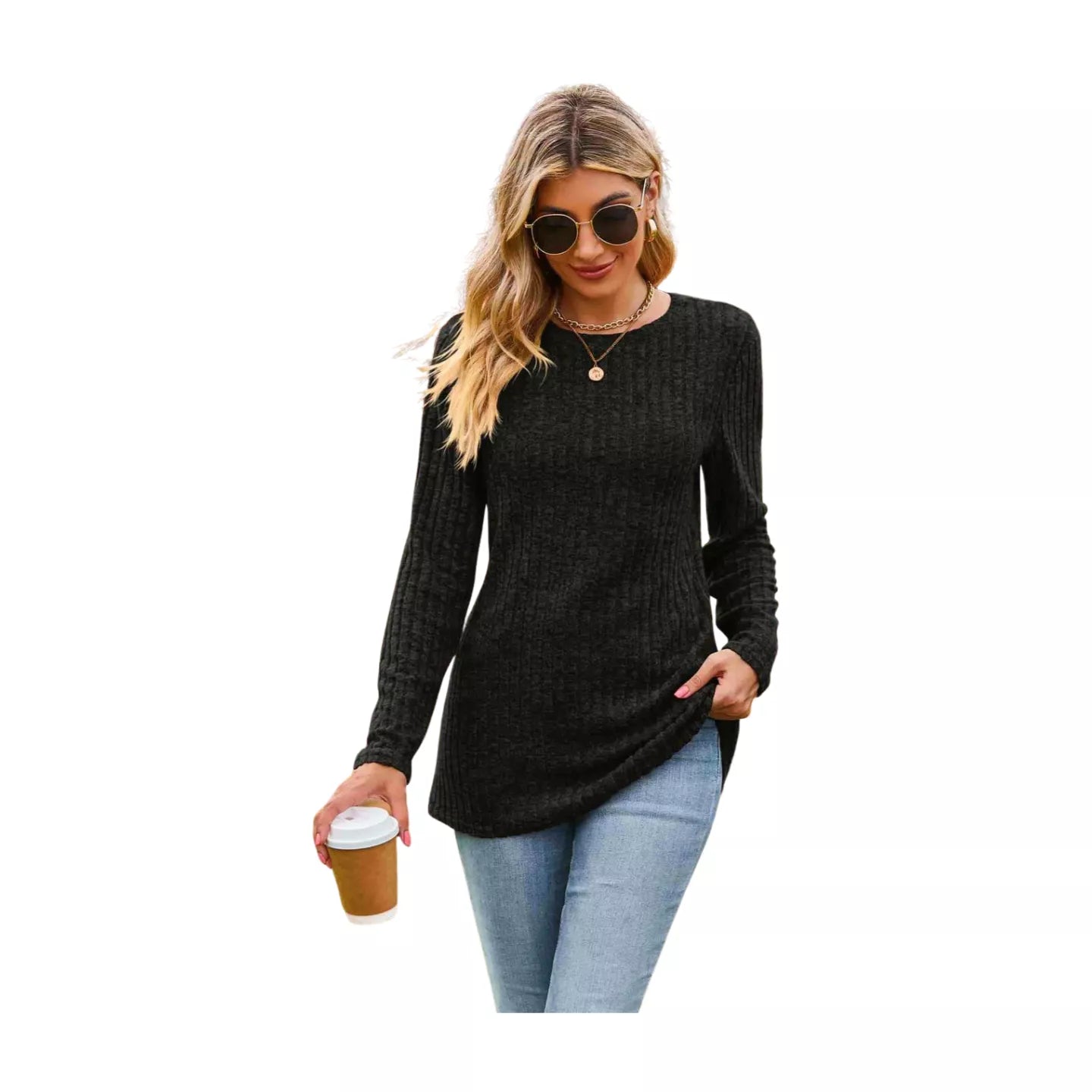 Ribbed Round Neck Long Sleeve Tee