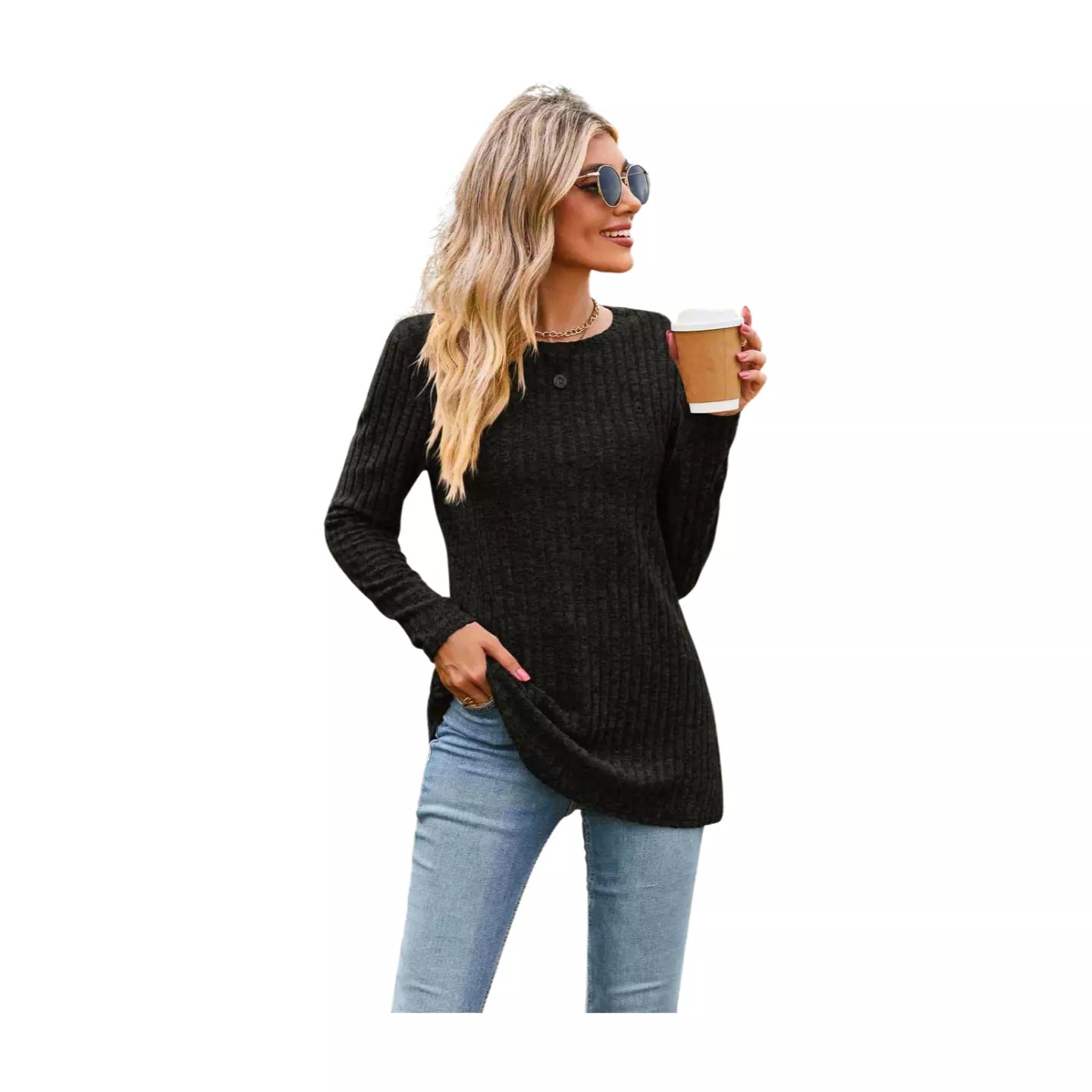 Ribbed Round Neck Long Sleeve Tee