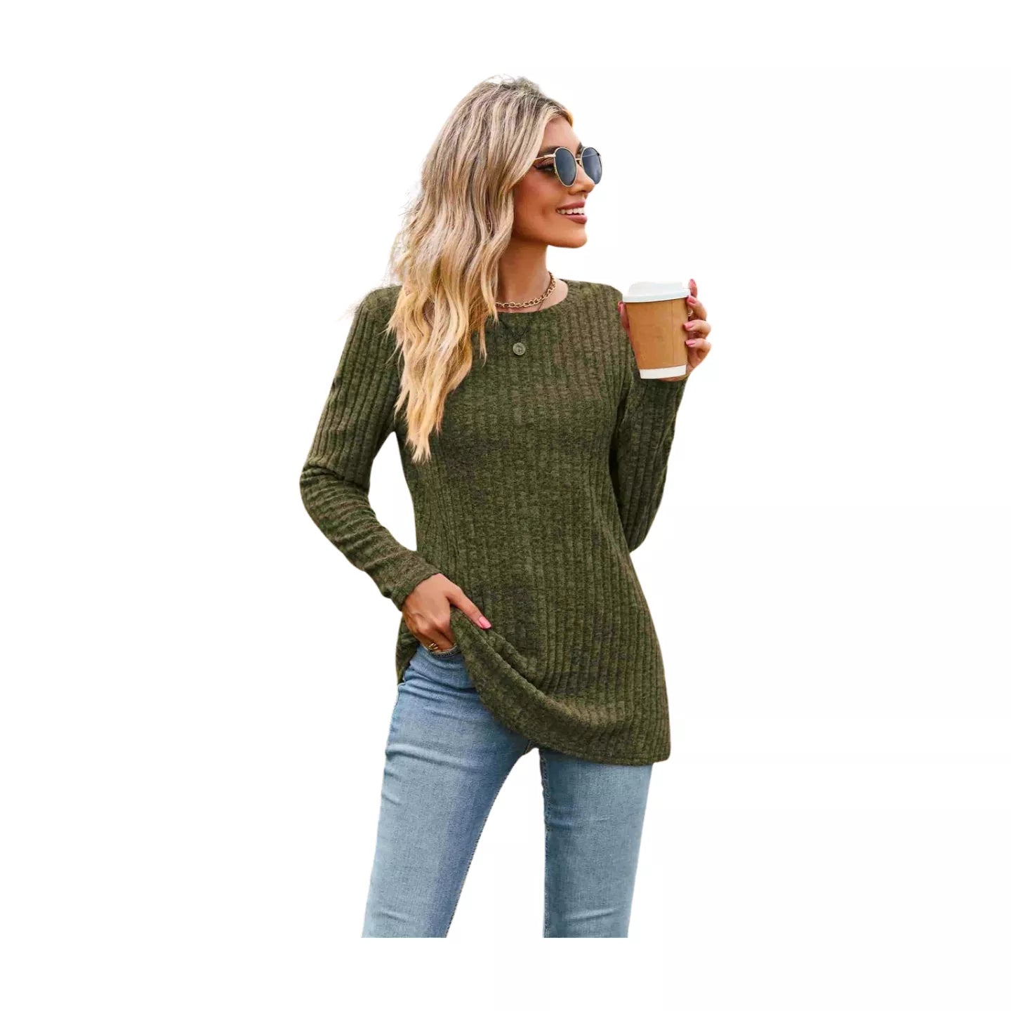 Ribbed Round Neck Long Sleeve Tee