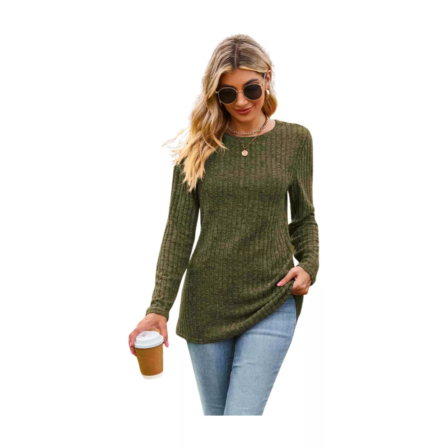 Ribbed Round Neck Long Sleeve Tee