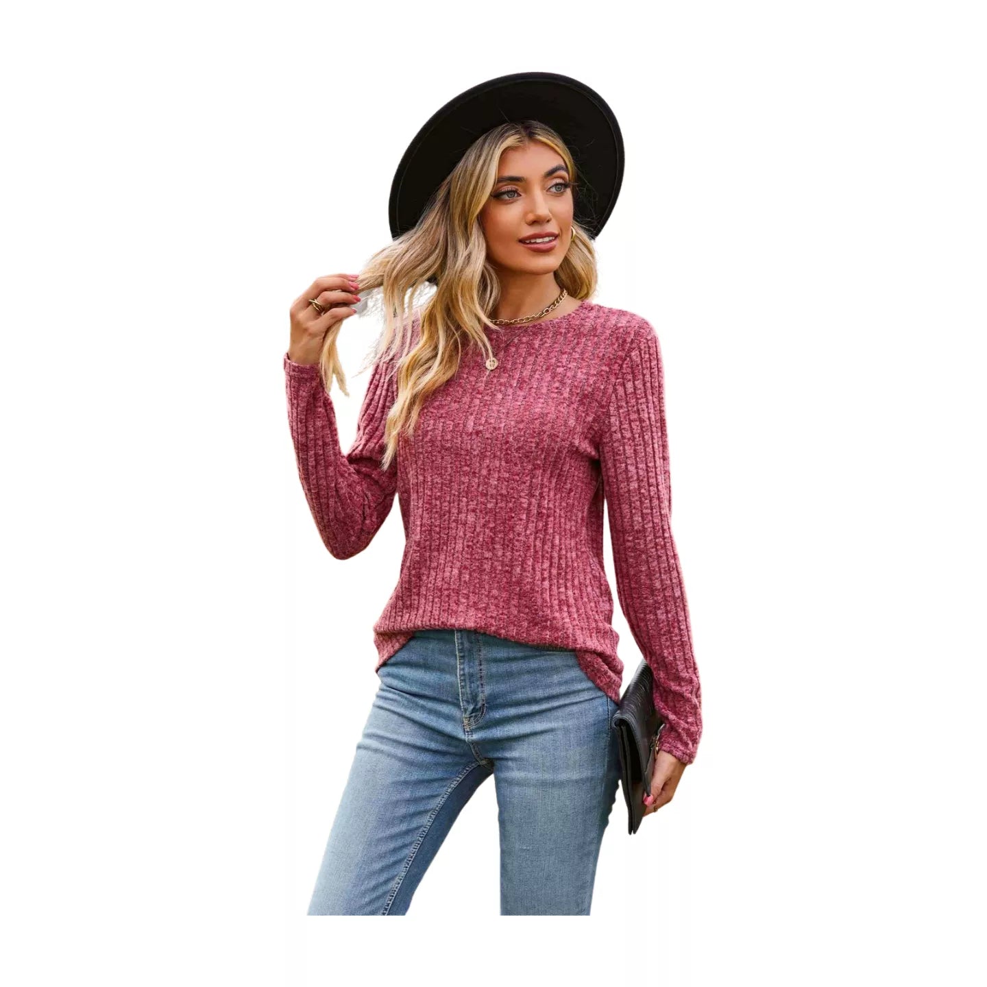 Ribbed Round Neck Long Sleeve Tee