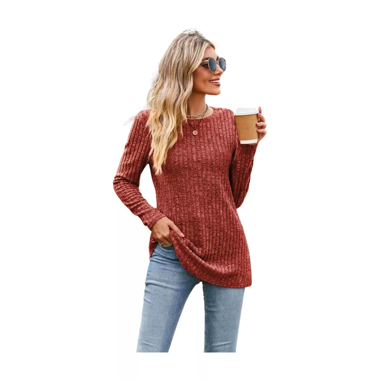 Ribbed Round Neck Long Sleeve Tee