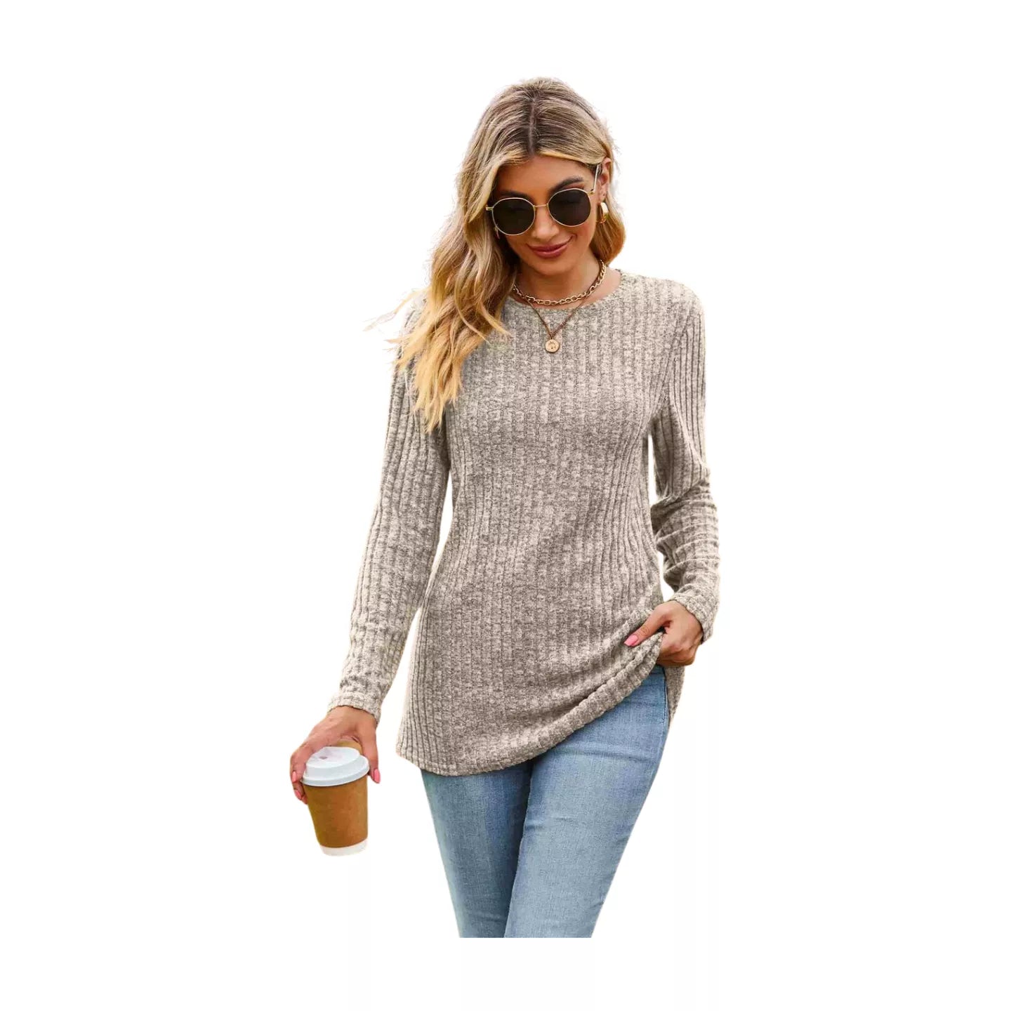 Ribbed Round Neck Long Sleeve Tee