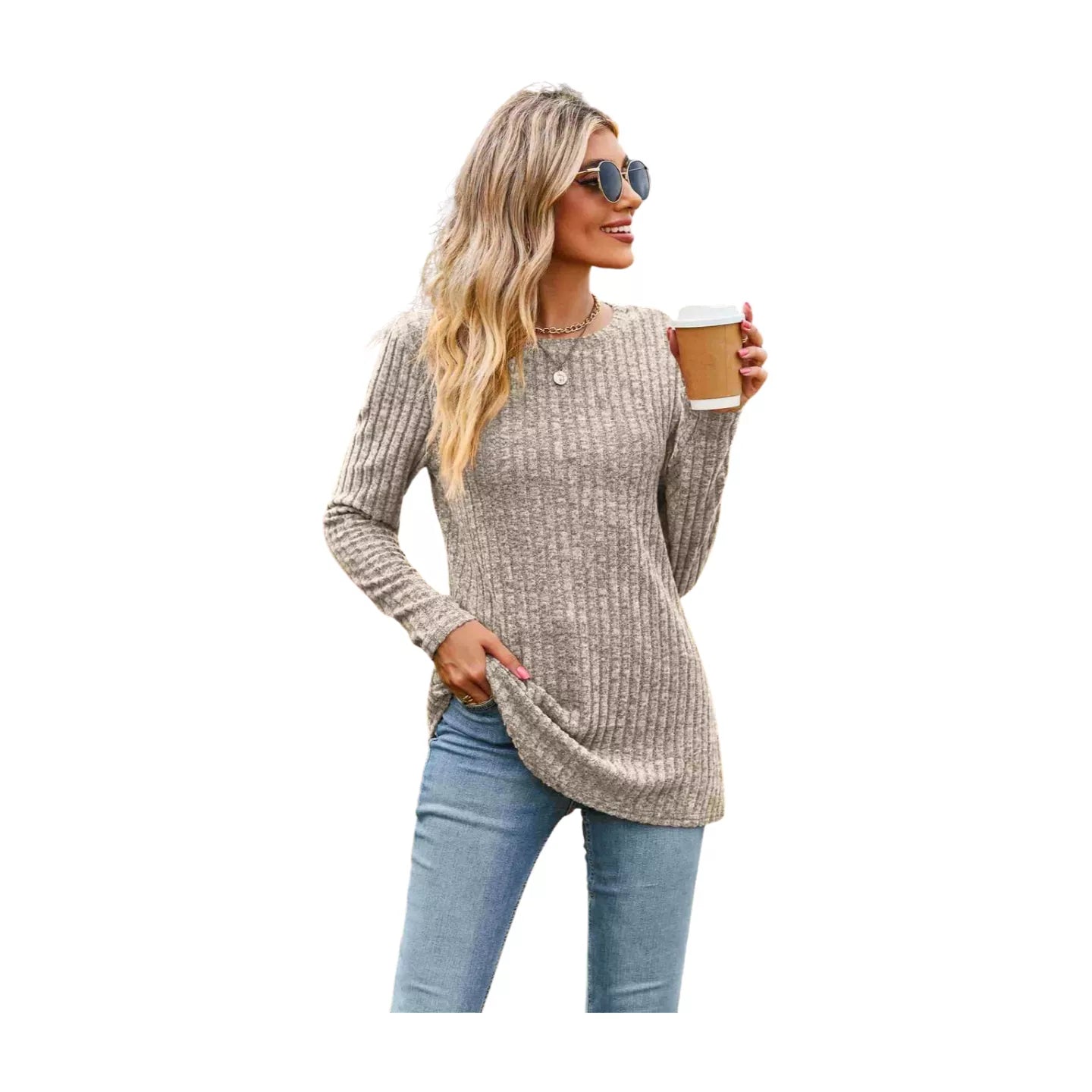 Ribbed Round Neck Long Sleeve Tee