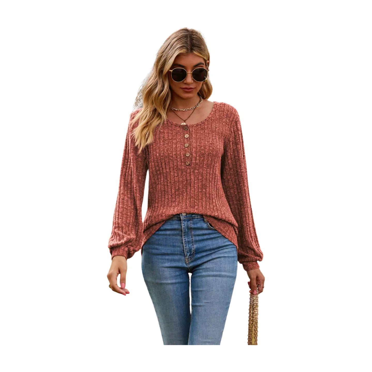 Round Neck Button-Down Long Sleeve Tee