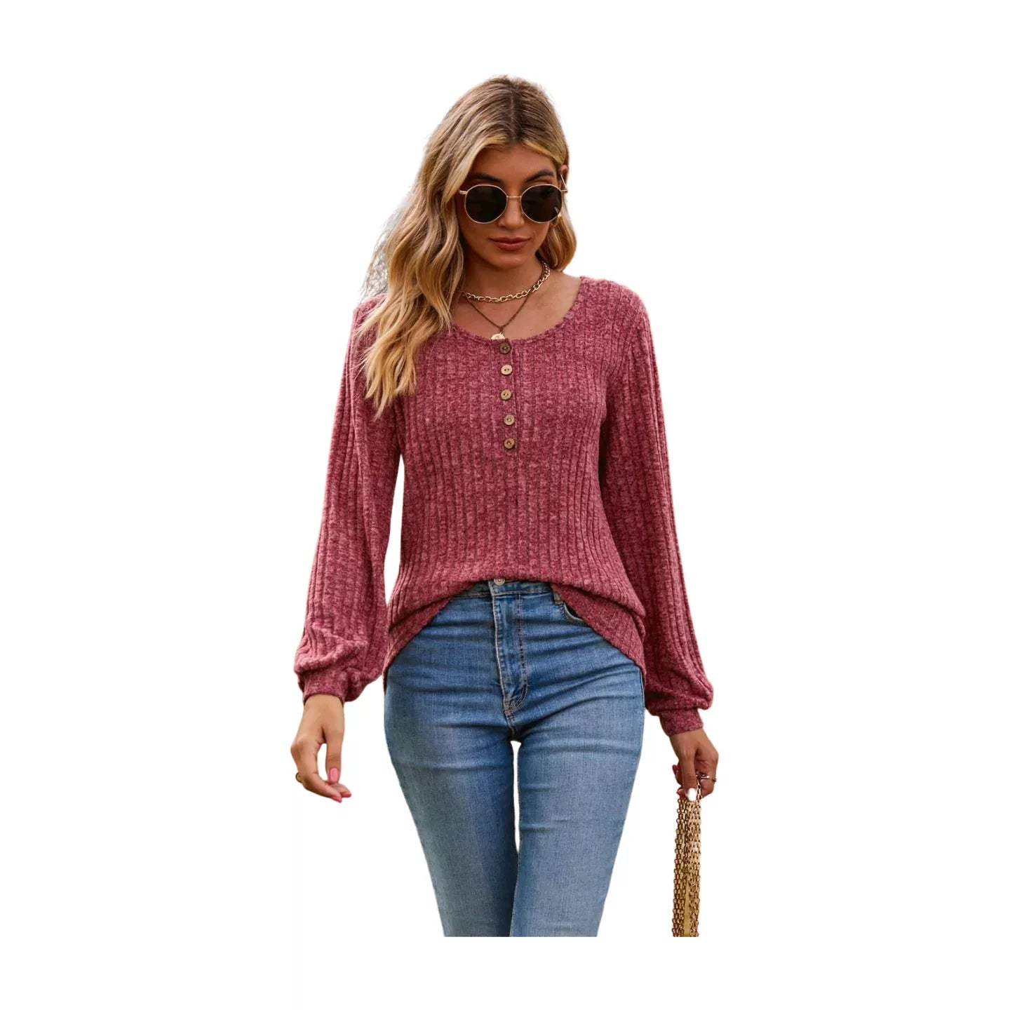 Round Neck Button-Down Long Sleeve Tee