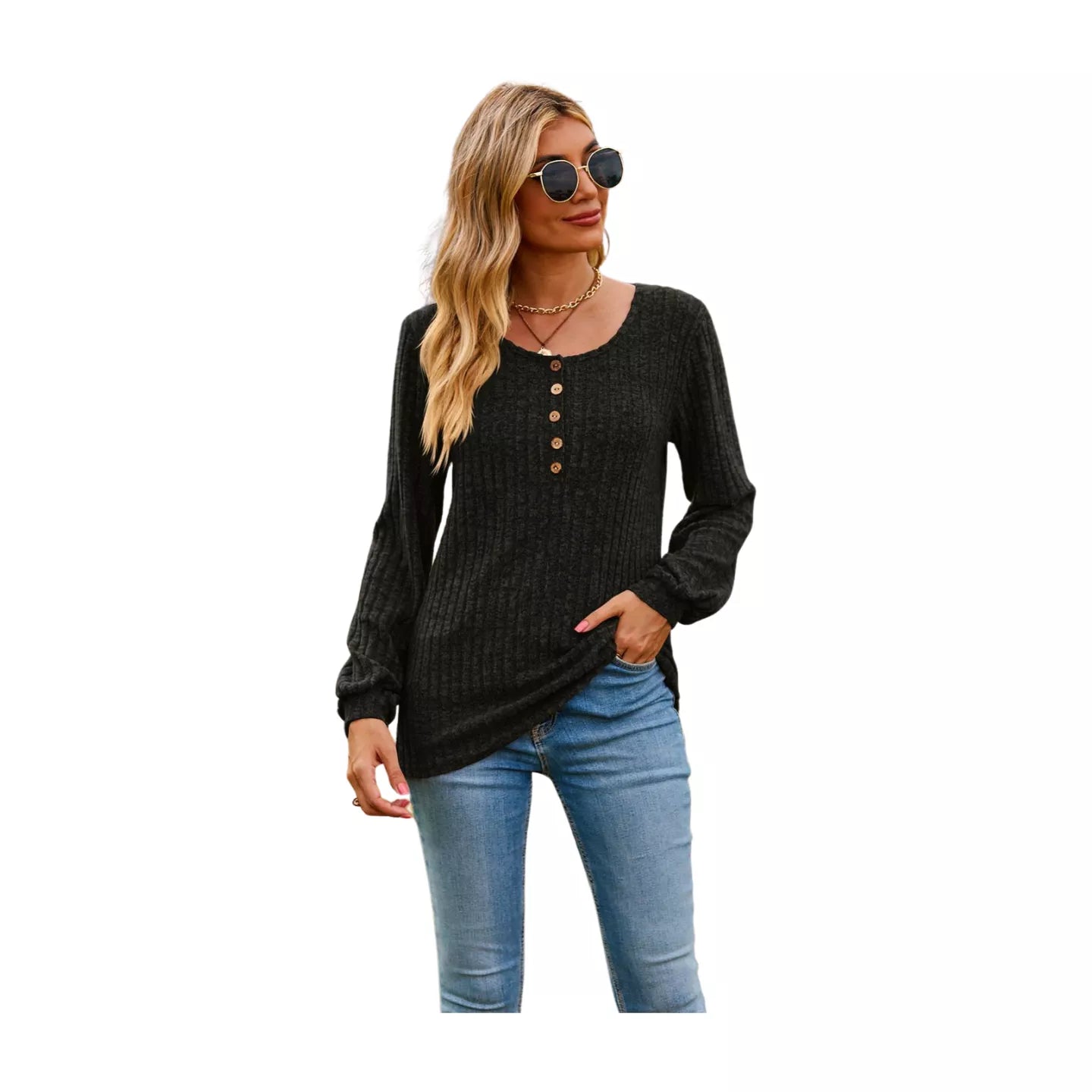 Round Neck Button-Down Long Sleeve Tee