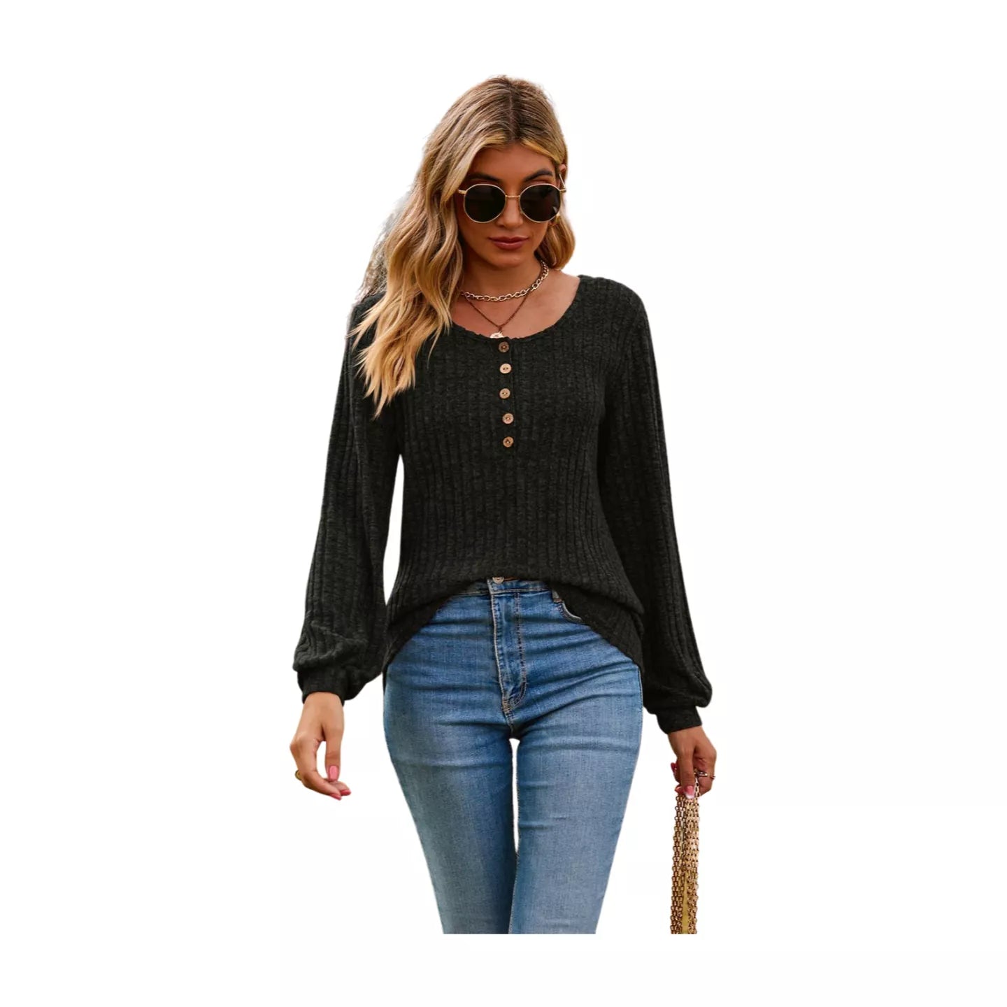 Round Neck Button-Down Long Sleeve Tee