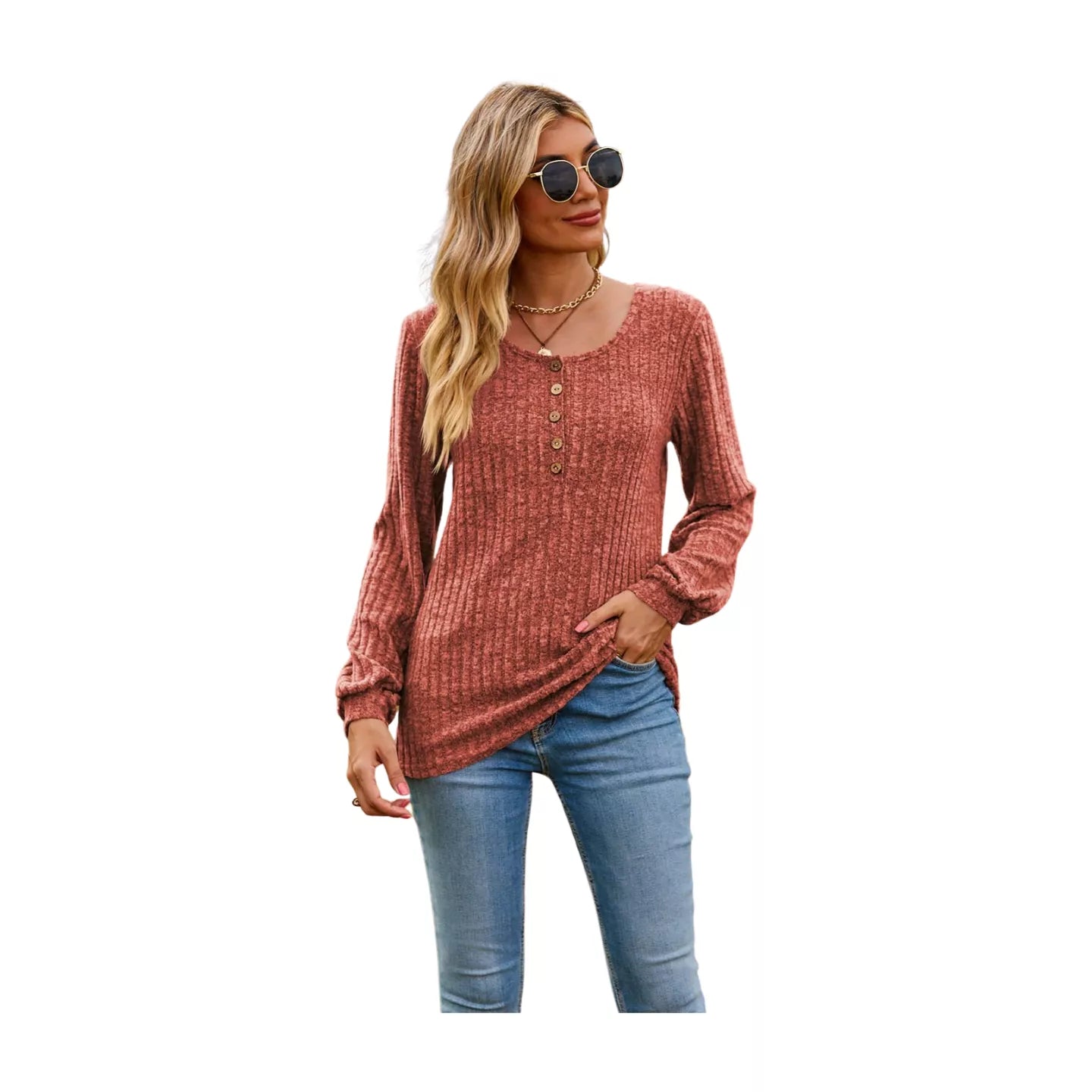 Round Neck Button-Down Long Sleeve Tee