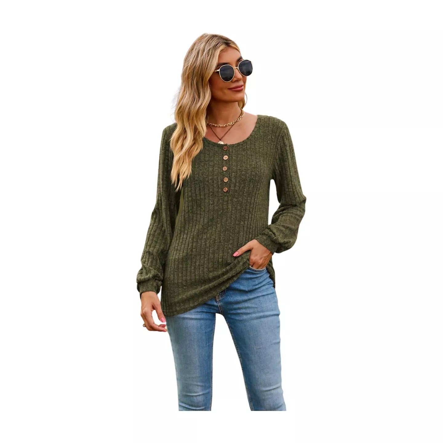 Round Neck Button-Down Long Sleeve Tee