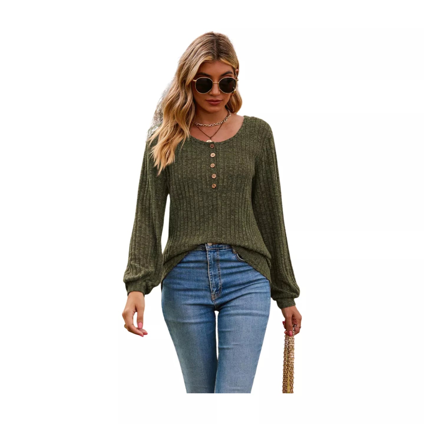 Round Neck Button-Down Long Sleeve Tee