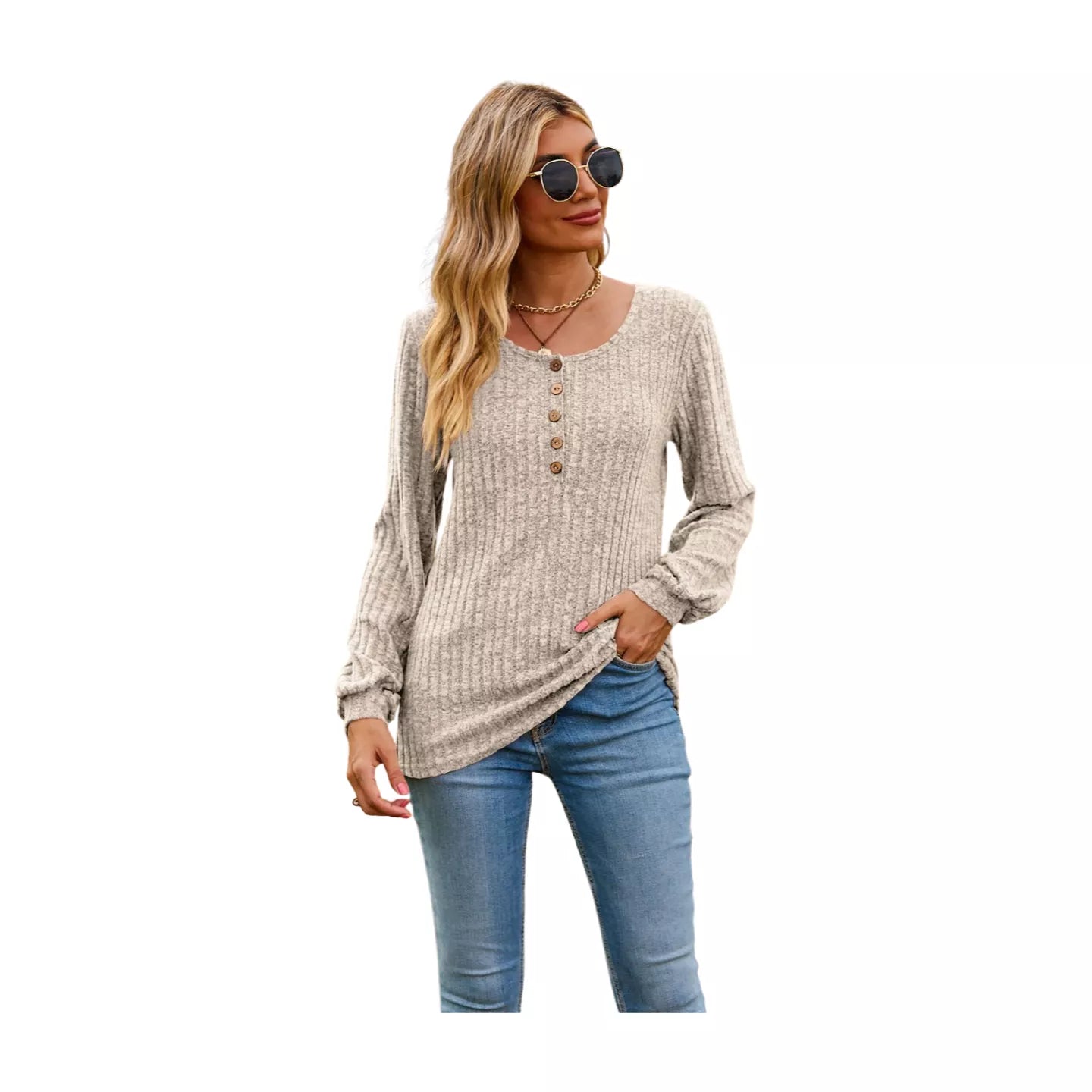 Round Neck Button-Down Long Sleeve Tee