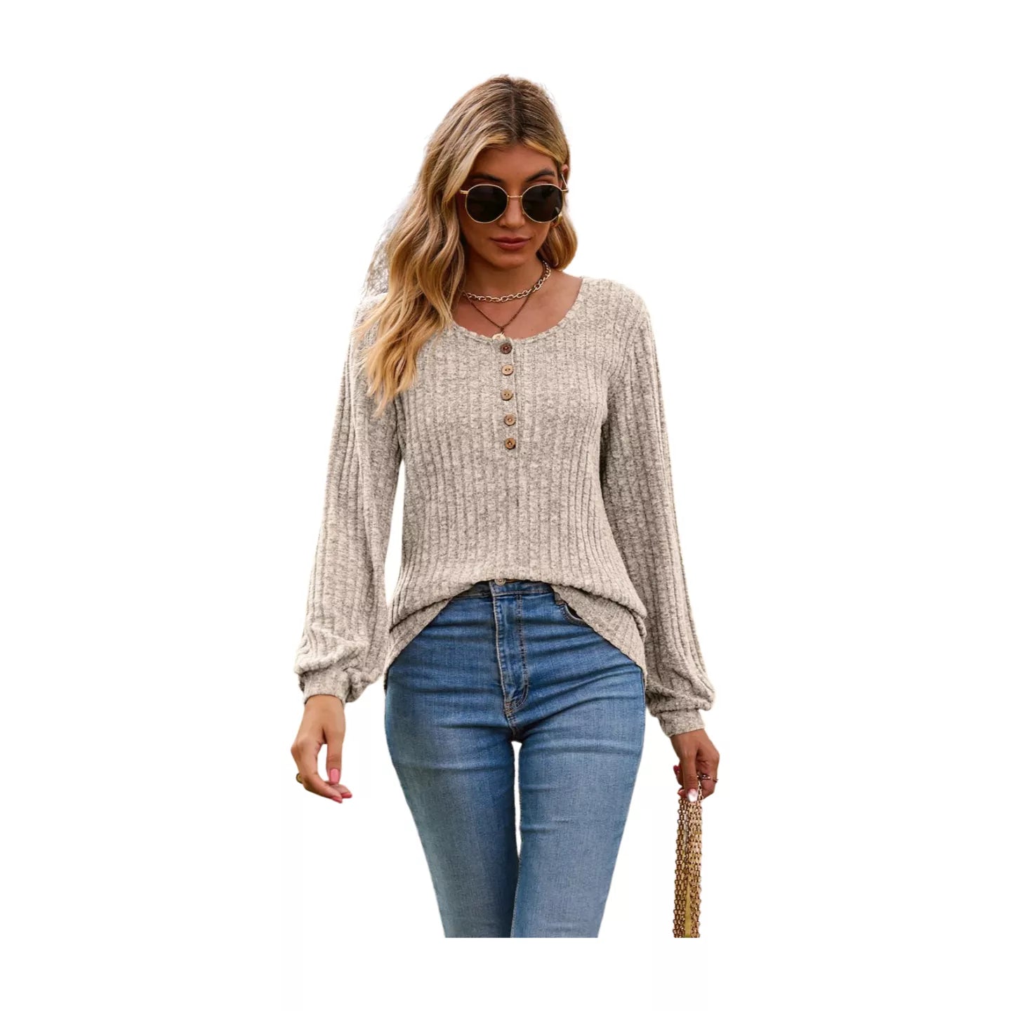 Round Neck Button-Down Long Sleeve Tee