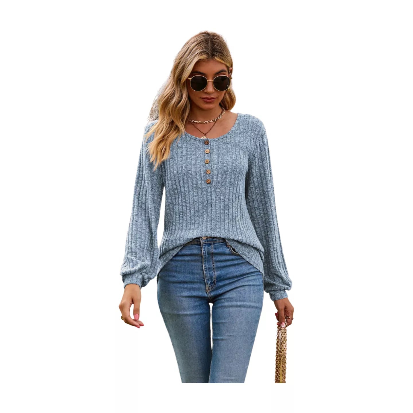 Round Neck Button-Down Long Sleeve Tee