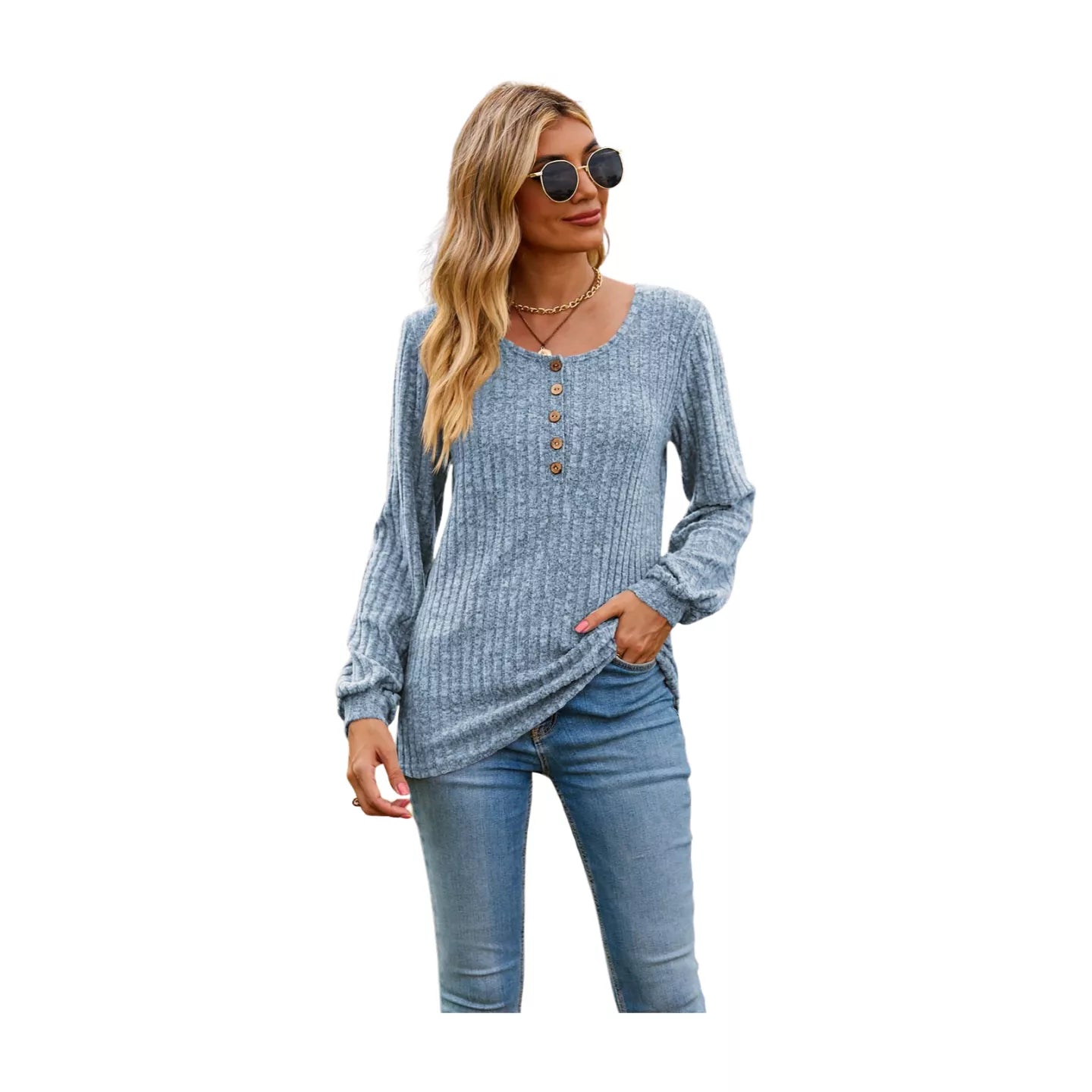 Round Neck Button-Down Long Sleeve Tee