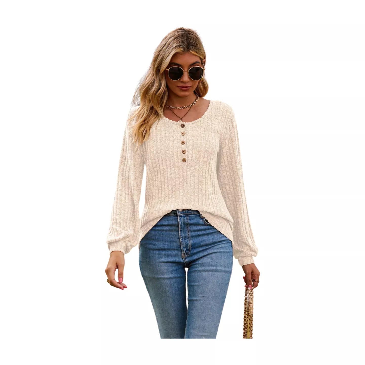 Round Neck Button-Down Long Sleeve Tee